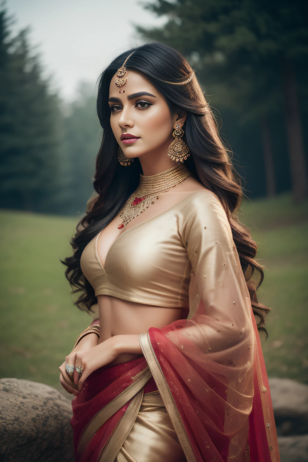 Portrait of A confident-looking indian royal queen with long flowing hair, hazel eyes, laughing, designer jewellery, cleopatra fabric traditional saree from top to bottom, full body covered, standing on rock, hill mahal background, twilight time, camp fire framing, bokeh, perfect composition, hyperrealistic, super detailed, 8k, high quality, trending art, trending on artstation, sharp focus, photo shoot, intricate details, highly detailed, art by greg rutkowski