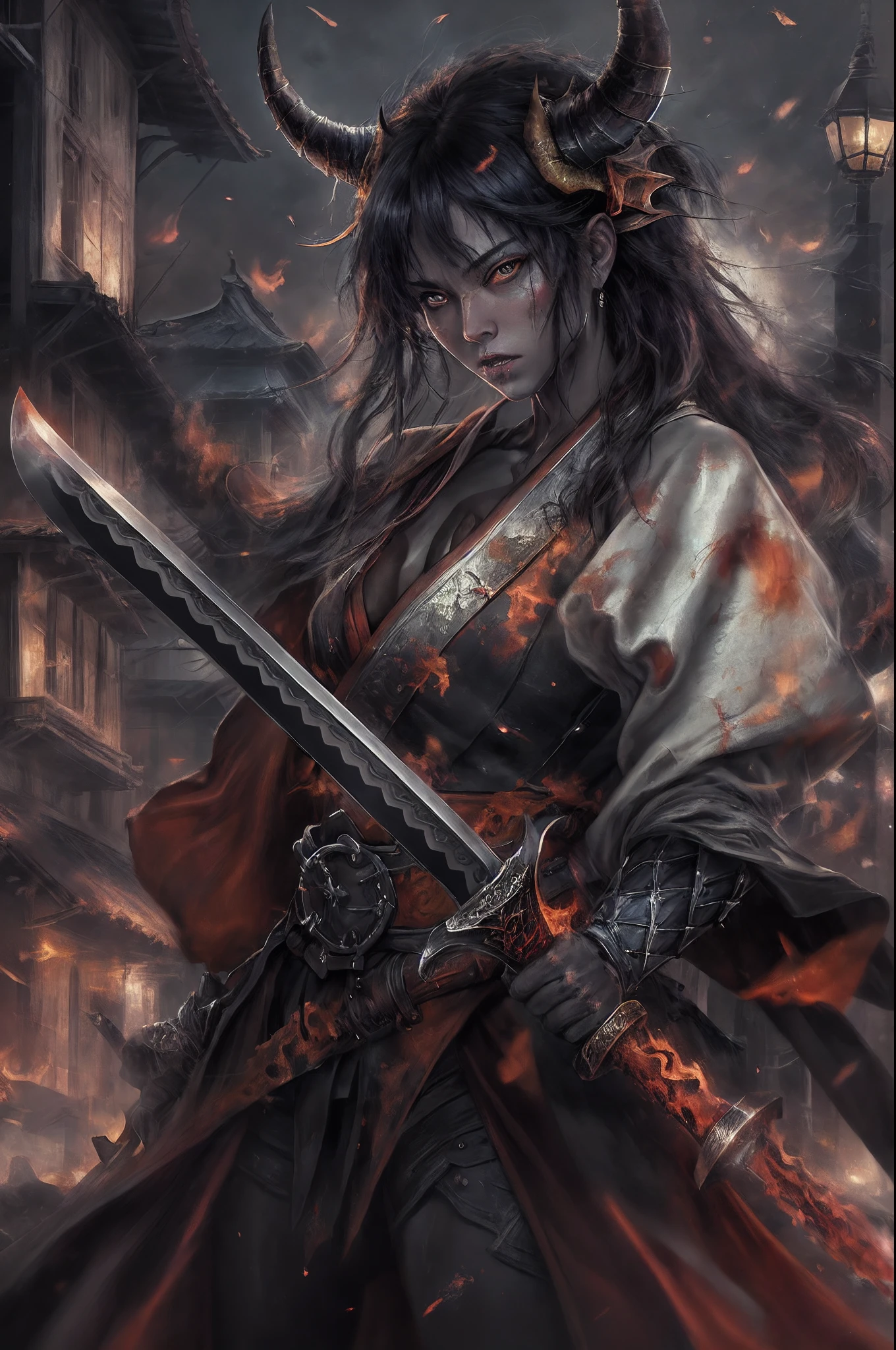 there is a woman samurai trying to stop a red skinned demon in the streets at night. A Japanese woman samurai, a female warrior, ultra detailed face (best details, Masterpiece, best quality), pale skin, long hair, black hair, dynamic eyes color, armed with a katana (best details, Masterpiece, best quality), shinning sword (best details, Masterpiece, best quality) wearing armor. BREAK [and] a [demon] (best details, Masterpiece, best quality), red skinned, black eyes, black mane, bat wings, horns, big horns, armed with a long blade covered in flames, covered in red fire. medieval Japanese street (best details, Masterpiece, best quality) background, night time, moon light, street lamp light, Ultra-Wide Angle, high detail, award winning, best quality, HD, 16K, 3D rendering, high details, best quality, highres, ultra wide angle, 3D rendering, [[anatomically correct]]