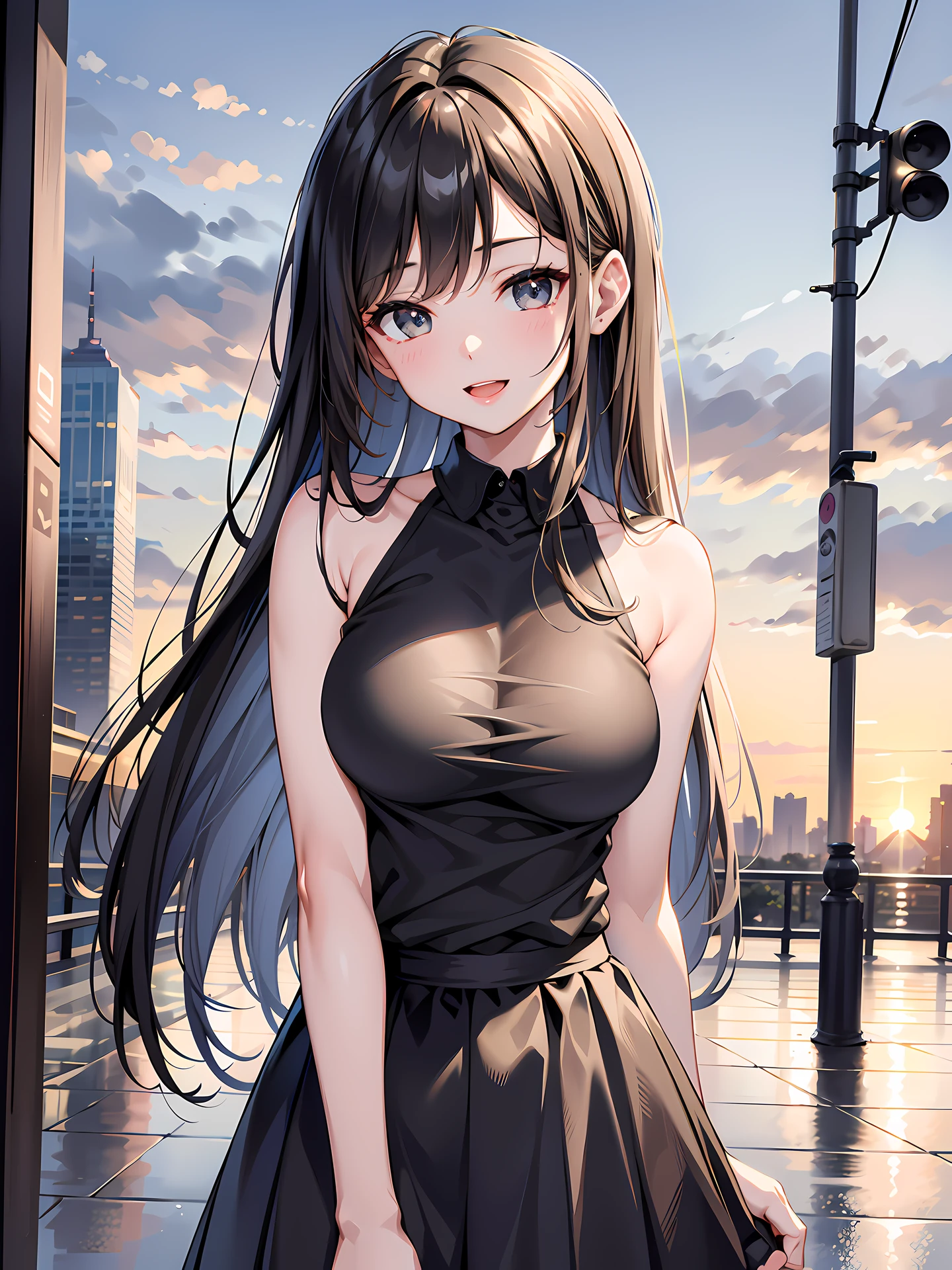 (1girl:1.3, solo), (Masterpiece, best quality, photorealistic, highres, photography, :1.3), ultra-detailed, sharp focus, professional photo, commercial photo, (upper body:1.3), (standing at downtow street), (((starring at the viewer:1.5))), (arms behind back:1.3), 
BREAK, 
1girl, solo, milf, European girl, hot model, (attractive model:1.37), (promotional model:1.2), highly detailed eyes and pupils, realistic skin, (attractive body, large breast:1.25, thin waist:1.15), medium-length thin hair, single braid hair, mahogany hair, extremely detailed hair, delicate sexy face, sensual gaze, shiny lips, 
BREAK, 
(black camisole:1.3), (black plaid-pattern-skirt:1.3), detailed clothes, 
BREAK, 
(outdoor, Times Square garden background, blurry background:1.25, simple background, no-human background, detailed background), (under sunset:1.37), 
BREAK, 
(attractive posing), ((realistic, super realistic, realism, realistic detail)), perfect anatomy, perfect proportion, bokeh, depth of field, hyper sharp image, (attractive emotion, seductive smile:1.2, happy:1.2, blush:1.2, :d:1.2, :p:1.2), 4fingers and thumb, perfect human hands, wind,