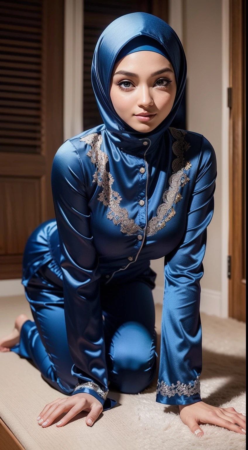 (RAW photo: 1.2), top quality, beautiful detailed neelofa, satin long sleeve pyjamas with long pants, smile, hijab, crawling on all fours, blue pyjamas, highly detailed eyes and face, beautiful detailed eyes, huge file size, high resolution, 8k wallpaper, fine detail, highly detailed ticker uniform 8k wallpaper, light on face, movie lighting, 1 girl, sexy pose, (photorealism: 1.4), illustration, Super Detail