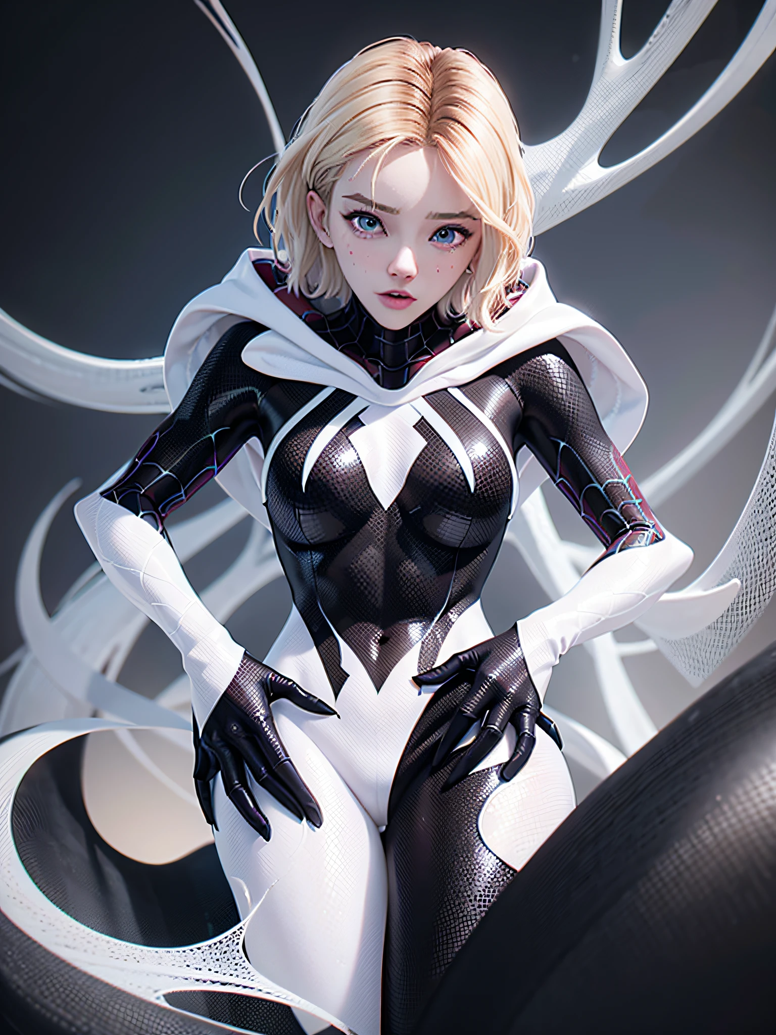 ghost spider, gwen in a black outfit with spider in the center of his chest in white, organic looking outfit, gooey forehead, symbiote, white eyes, fine art, ps5 cinematic screenshot,highly detailed detailed cinematic rendering, ultra photorealistic raytricing, with cinematic lighting