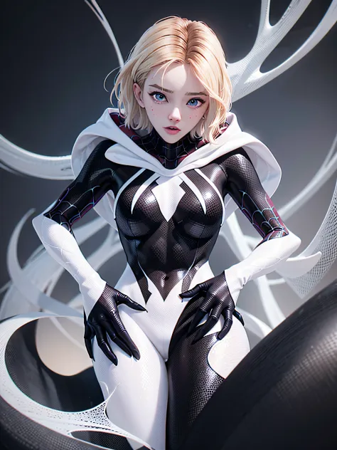 ghost spider, gwen in a black outfit with spider in the center of his chest in white, organic looking outfit, gooey forehead, sy...