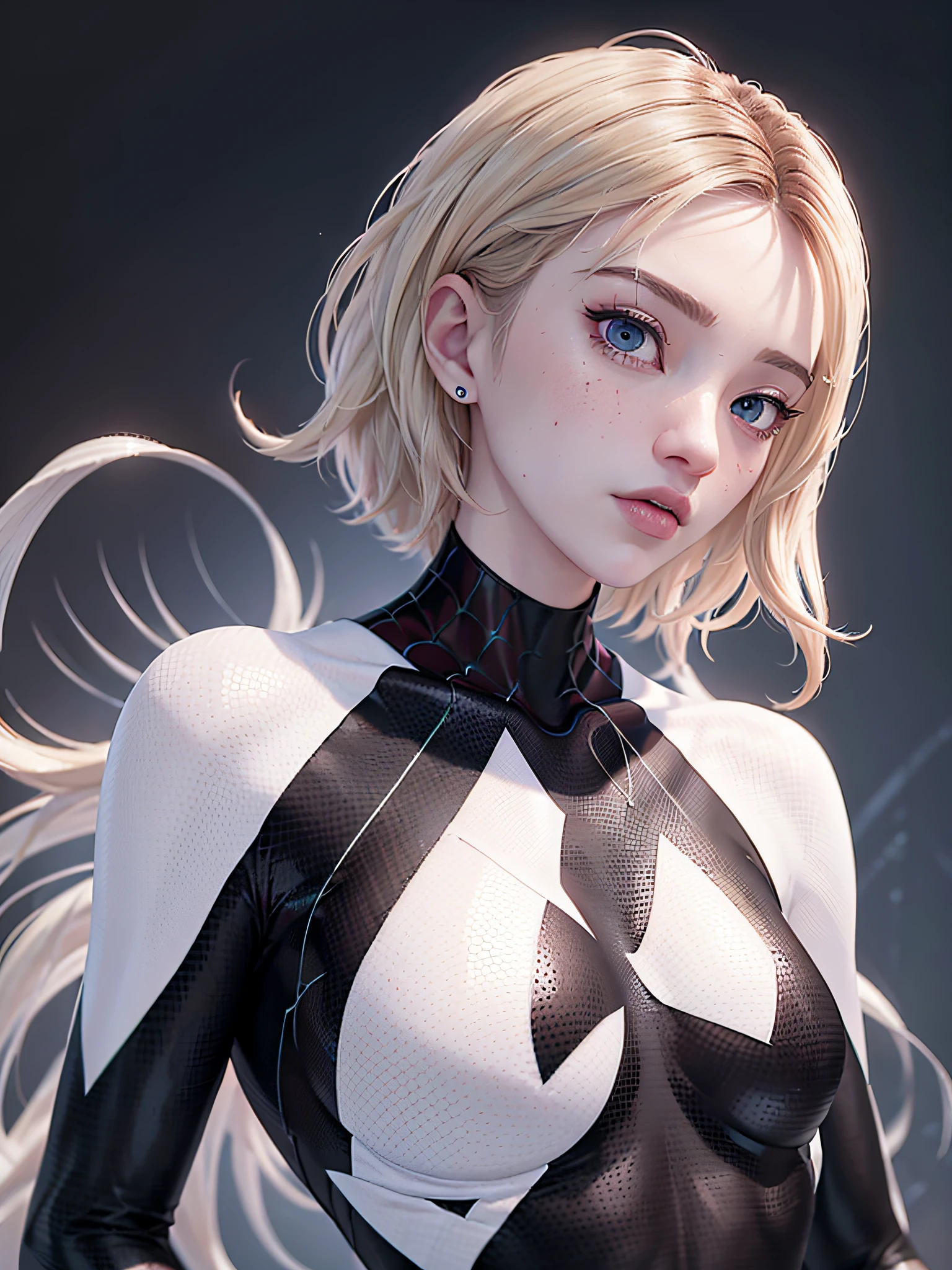 ghost spider, gwen in a black outfit with spider in the center of his chest in white, organic looking outfit, gooey forehead, symbiote, white eyes, fine art, ps5 cinematic screenshot,highly detailed detailed cinematic rendering, ultra photorealistic raytricing, with cinematic lighting