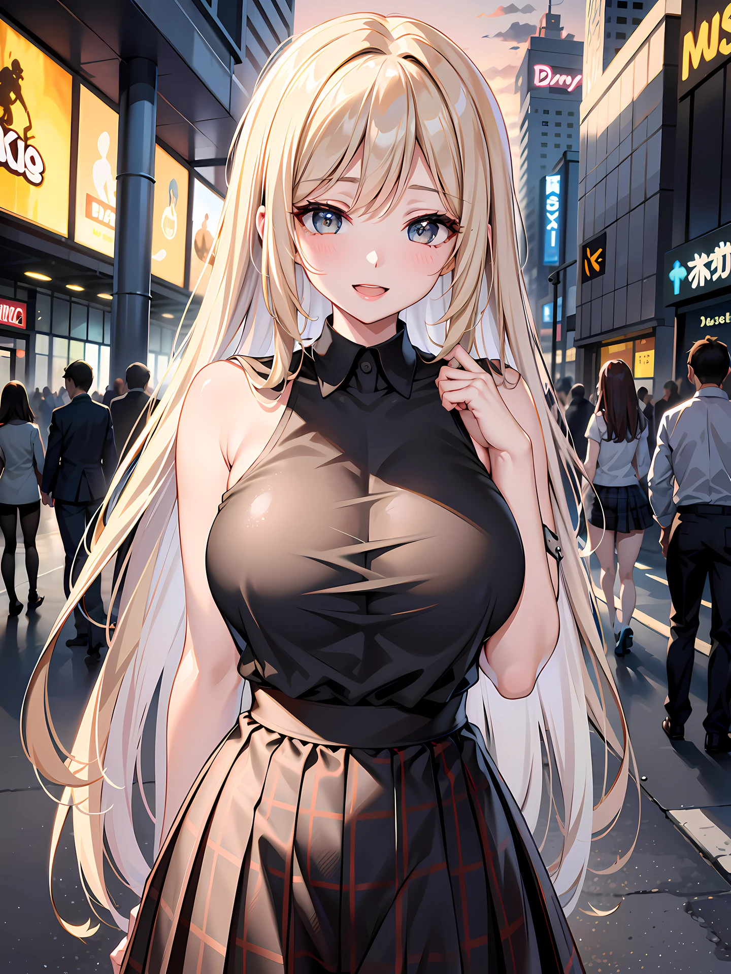 (1girl:1.3, solo), (Masterpiece, best quality, photorealistic, highres, photography, :1.3), ultra-detailed, sharp focus, professional photo, commercial photo, (upper body:1.3), (standing at downtow street), (((starring at the viewer:1.5))), (arms behind back:1.3), 
BREAK, 
1girl, solo, milf, European girl, hot model, (attractive model:1.37), (promotional model:1.2), highly detailed eyes and pupils, realistic skin, ((attractive body, gigantic breast:1.38, disproportionate breasts:1.38, thin waist:1.15)), medium-length thin hair, single braid hair, mahogany hair, extremely detailed hair, delicate sexy face, sensual gaze, shiny lips, 
BREAK, 
(dark-orange camisole:1.3), (black plaid-pattern-skirt:1.3), detailed clothes, 
BREAK, 
(outdoor, Times Square garden background, blurry background:1.25, simple background, no-human background, detailed background), (under sunset:1.37), 
BREAK, 
(attractive posing), ((realistic, super realistic, realism, realistic detail)), perfect anatomy, perfect proportion, bokeh, depth of field, hyper sharp image, (attractive emotion, seductive smile:1.2, happy:1.2, blush:1.2, :d:1.2, :p:1.2), 4fingers and thumb, perfect human hands, wind,
