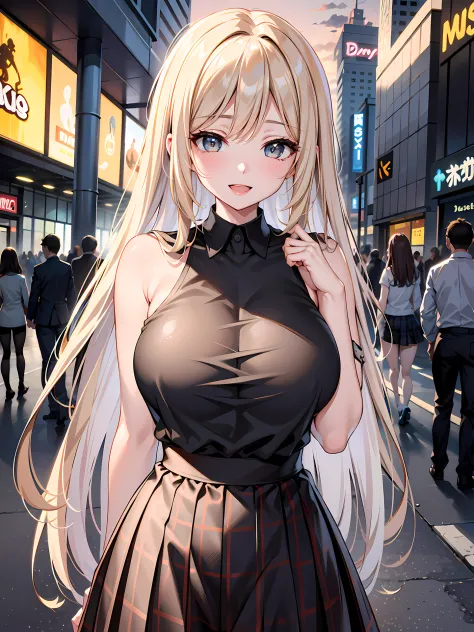 (1girl:1.3, solo), (Masterpiece, best quality, photorealistic, highres, photography, :1.3), ultra-detailed, sharp focus, professional photo, commercial photo, (upper body:1.3), (standing at downtow street), (((starring at the viewer:1.5))), (arms behind ba...
