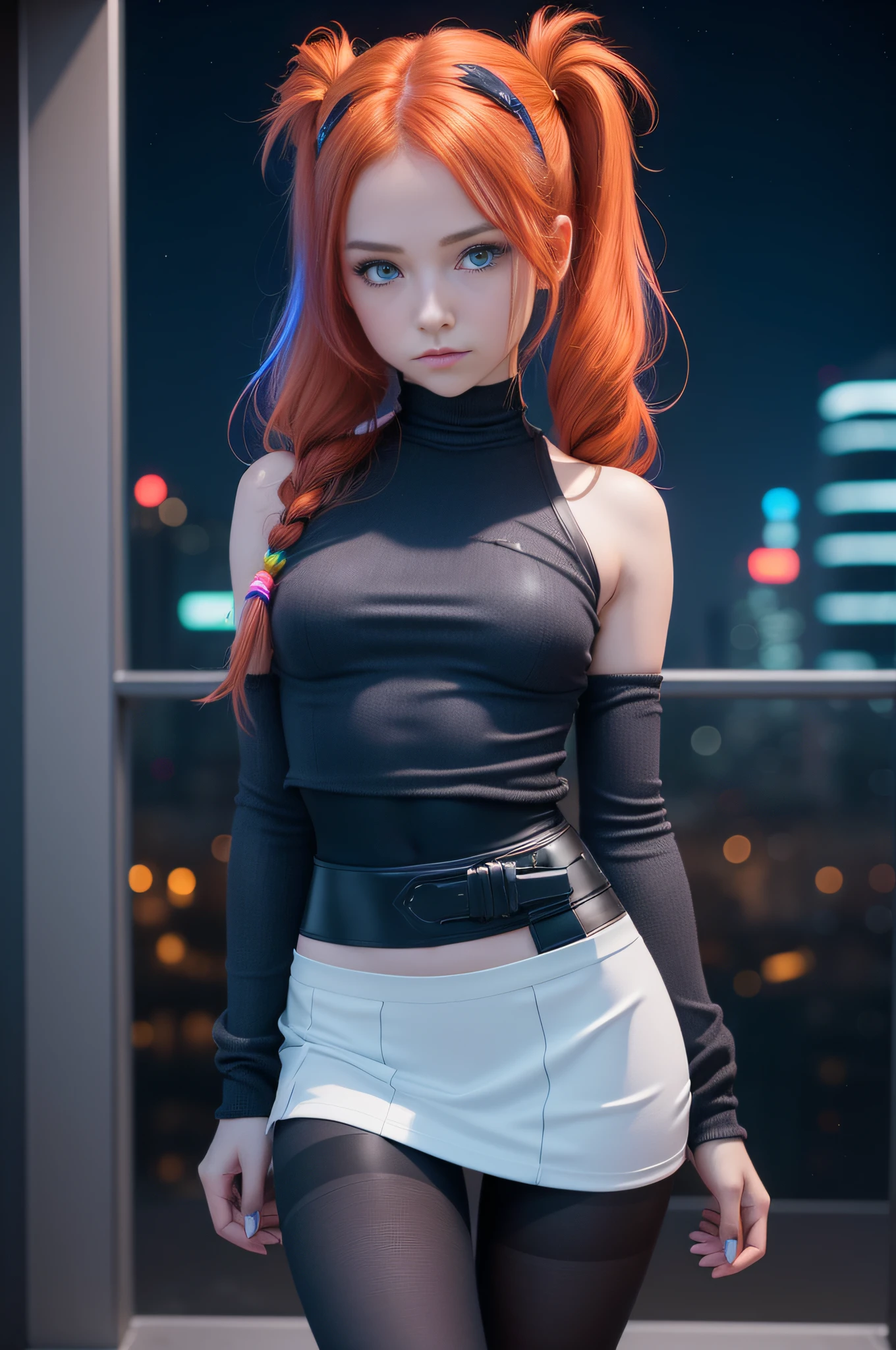1 girl, solo, (nsfw), cute redhead 18-year-old girl in twin tails, ((perfect female body)), (cute face make up), multiple (rainbow colored hair: 1.2), (beautiful detailed blue eyes: 1.6), (photo realistic eyes: 1.6), happy, Ukrainian, (petite body), ((small hips)), pale white skin, (mini skirt and tube top), (matte pantyhose: 1.6), ("tron legacy" style background}, (night time), photo realistic.