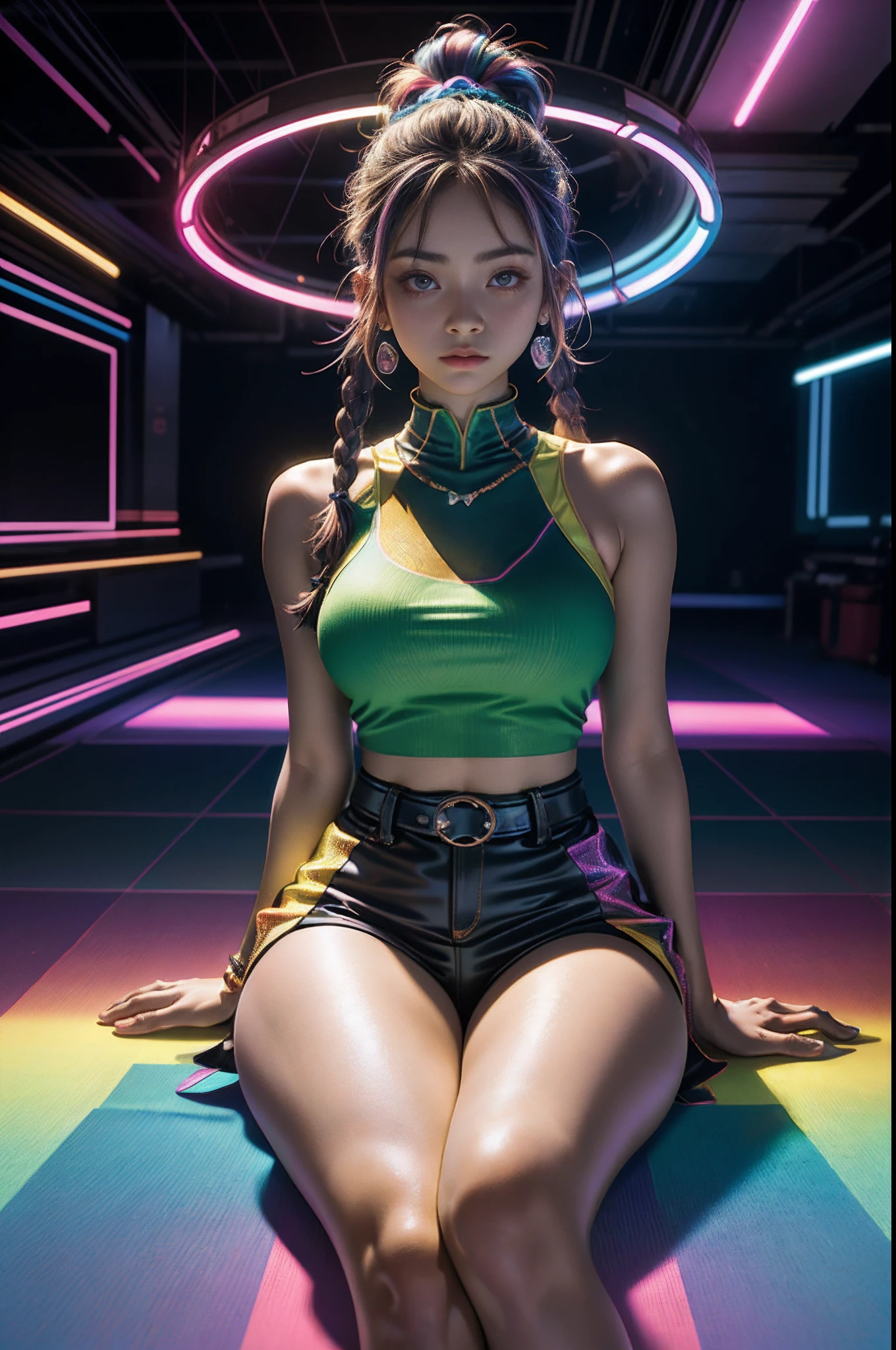 mulher arafed ((Mexicano))with long rainbow hair and a neon cyberpunk tank top, two braids, retrato, Ela tem um rosto bonito, Imagens da Webcam, clivagem, peituda, sexy look at the camera, Fotografado na webcam, 4k, 8k, UHD, wlop, masterpiece , art by jeehyung lee. Perfect composition. .Seu peito, she's facing the camera, gorgeous Caucasian female, fundo do clube de discoteca, RGB, LED Rave Lighting. She's standing showing her voluptuous curves. (Sitting on the floor with her legs spread open. Cameltoe visible)