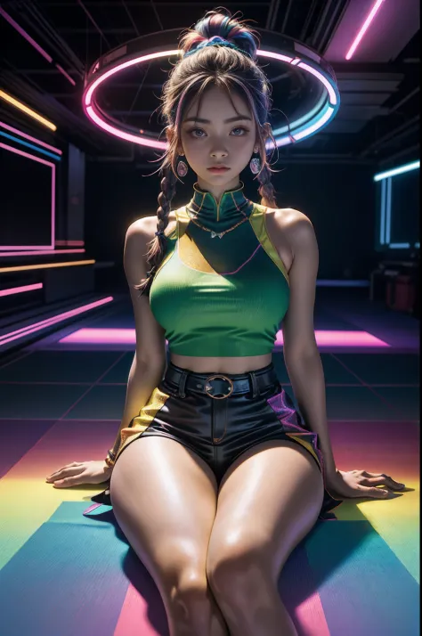 mulher arafed ((Mexicano))with long rainbow hair and a neon cyberpunk tank top, two braids, retrato, Ela tem um rosto bonito, Im...