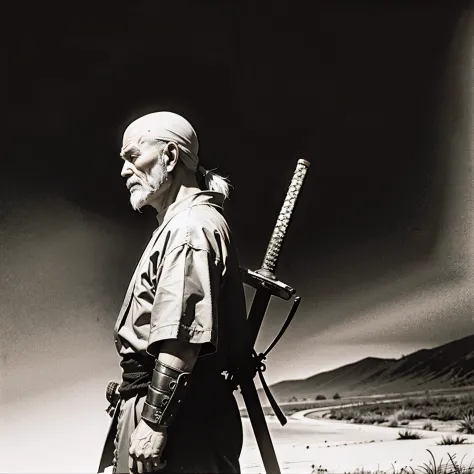 old man, 50-years old, samurai, serious, from side, holding sword, sepia, wasteland