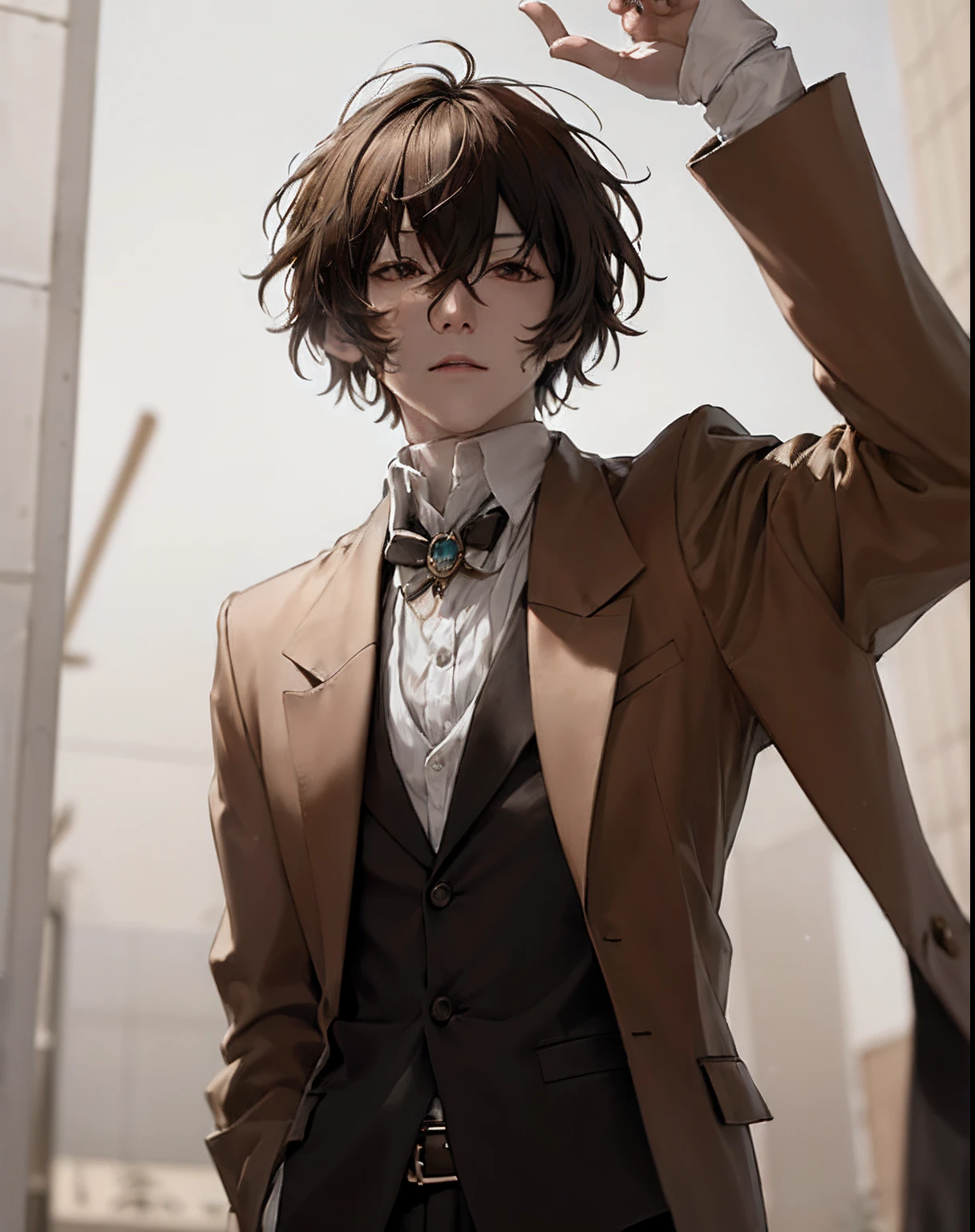 (​masterpiece、top-quality:1.2), The upper part of the body, 独奏, Male Focus, 1boy, dazai osamu, deadpan, Brown jacket