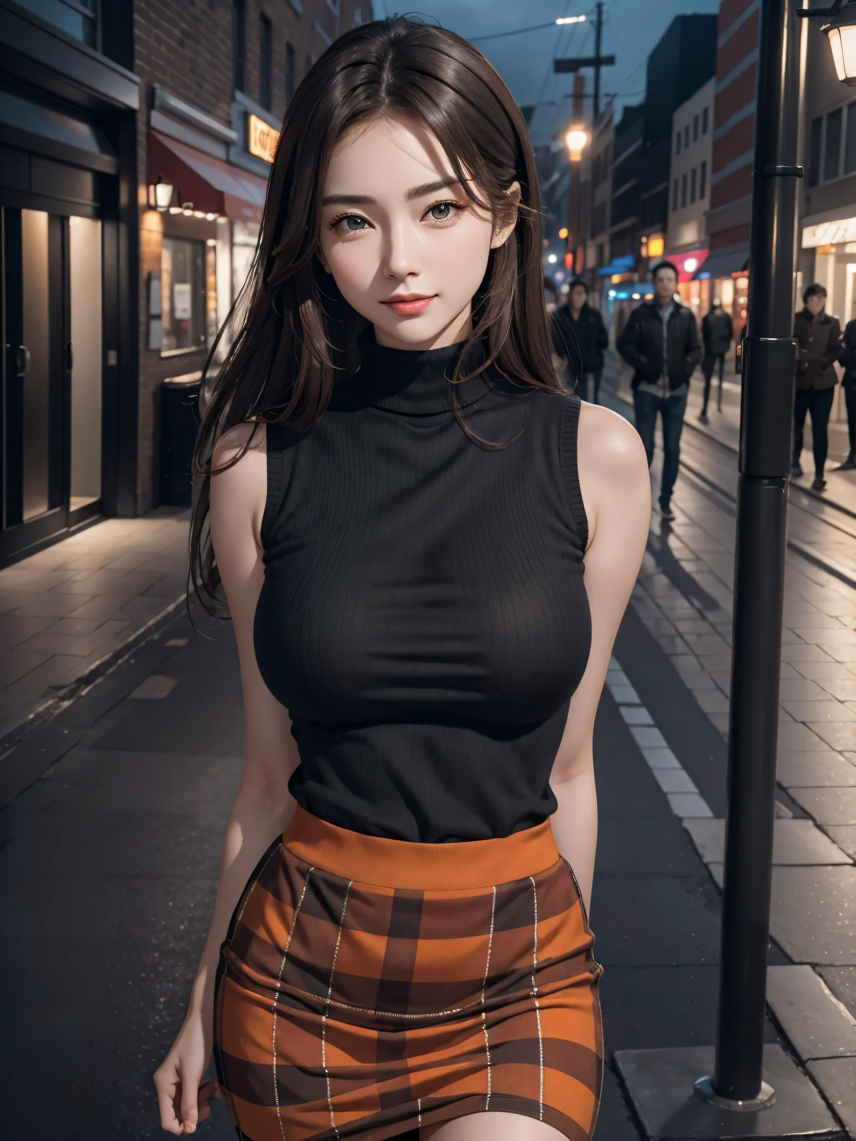 photorealistic, masterpiece, best quality, raw photo, night situation:1.5, at street side, dark street, 
BREAK,
1girl, biggest breasts:1.38, gigantic breasts:1.38, disproportionate breasts:1.38, medium-length hair, brown hair, (extremely pretty and beautiful Japanese actress face:1.3, Korean actress face:1.3, beautiful clean face), 
BREAK, 
attractive look, shiny-orange turtleneck sweater, sleeveless, black plaid-pattern-skirt,   
BREAK, 
looking at viewer, standing at the wall, attractive posing, seductive smile, :d, cinematic lighting, at night, in the dark, deep shadow, at night, natural shading, low key, intricate detail, detailed skin, pore, highres, hdr, 4k, realistic,