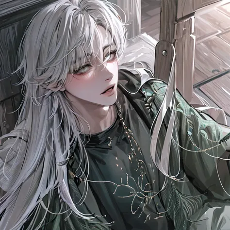 (absurderes, A high resolution, Ultra detailed),(Masterpiece, Best quality:1.2),1boy,Close-up Shot Shot,Long hair,White hair,Hair covers the right hair, looking toward the viewer, Extremely detailed eyes,Dark green eyes, Handsome