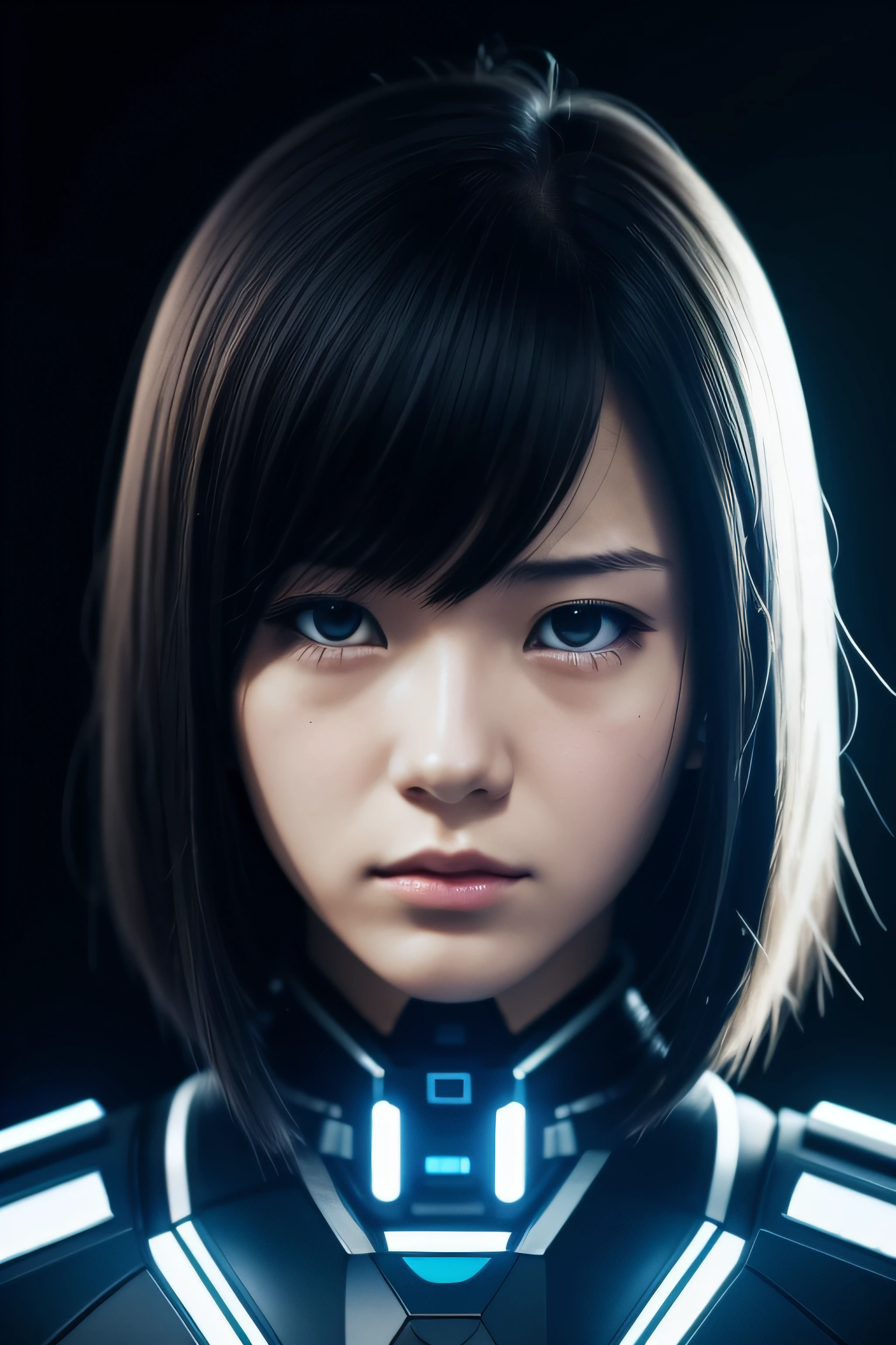 Cyborg girl aesthetic anime Japanese sad girl, Black background, facing camera, Grief vibes,  high technology,