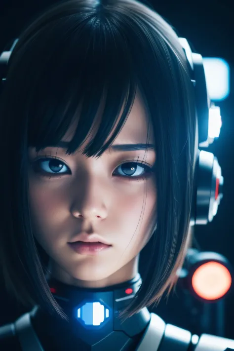 Cyborg girl aesthetic anime Japanese sad girl, Black background, facing camera, Grief vibes,  high technology,