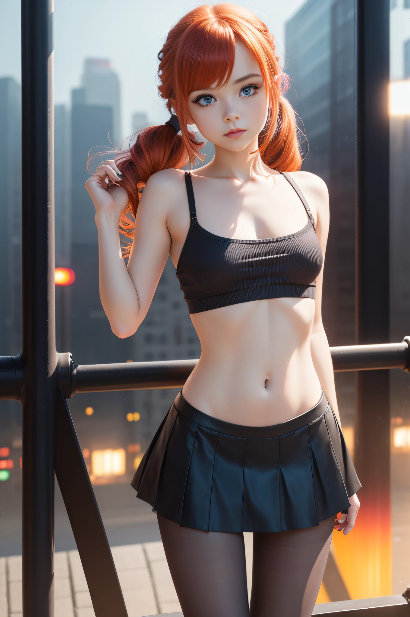 1 girl, solo, (nsfw), cute redhead 18-year-old girl in twin tails, ((perfect female body)), (cute face make up), multiple (rainbow colored hair: 1.2), (beautiful detailed blue eyes: 1.6), (photo realistic eyes: 1.6), happy, Ukrainian, (petite body), ((small hips)), pale white skin, (mini skirt and tube top), (matte pantyhose: 1.6), ("blade runner" style background}, (night time), photo realistic.