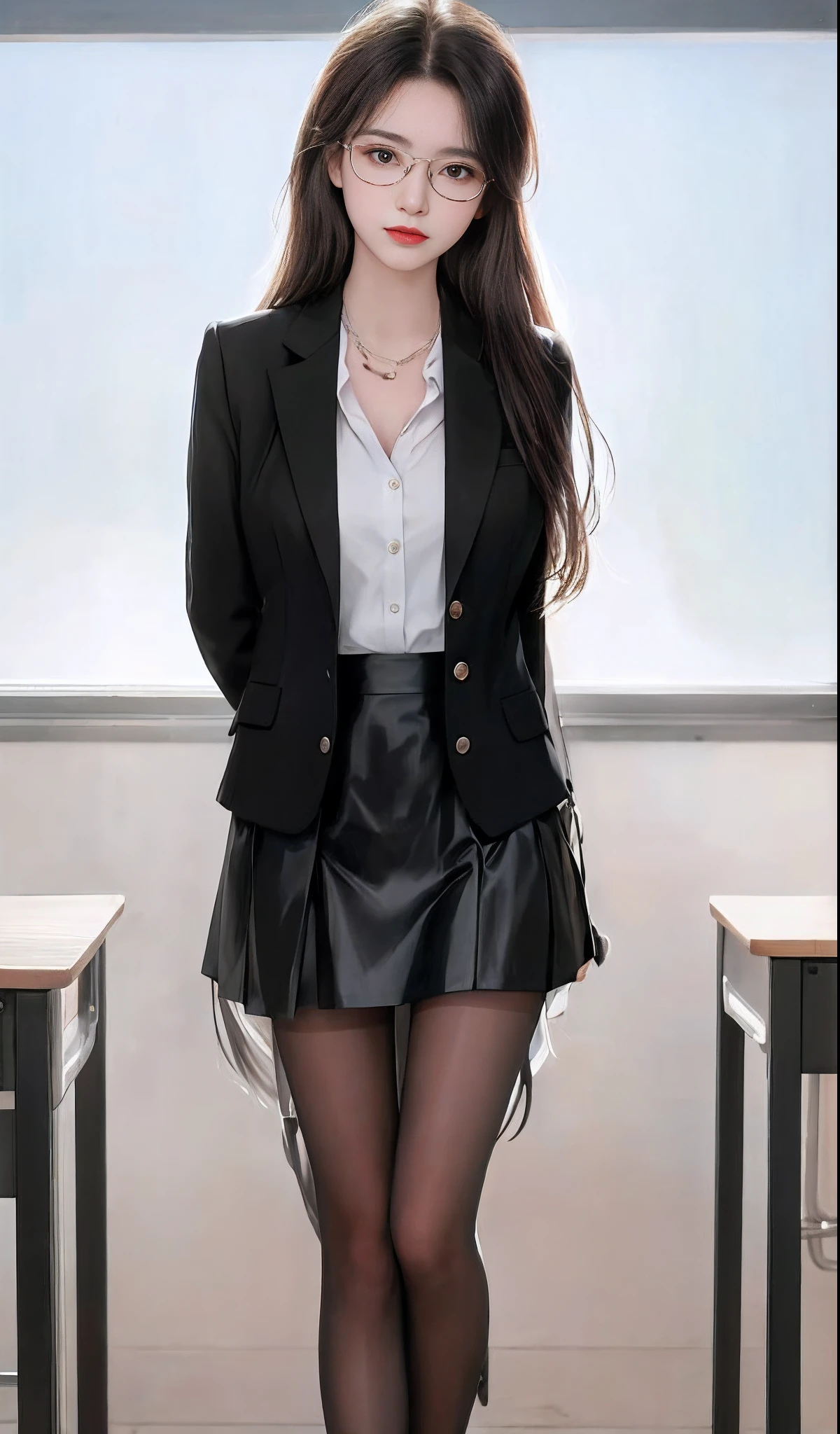 Close-up of a woman in a skirt and jacket posing for a photo, wearing jacket and skirt, JK school uniform, office clothes, Magical school student uniform, wearing a black noble suit, wearing a strict business suit, short skirt and a long jacket, girl in a suit, black leather slim clothes, business outfit, magic school uniform, , Girl in suit,wears glasses