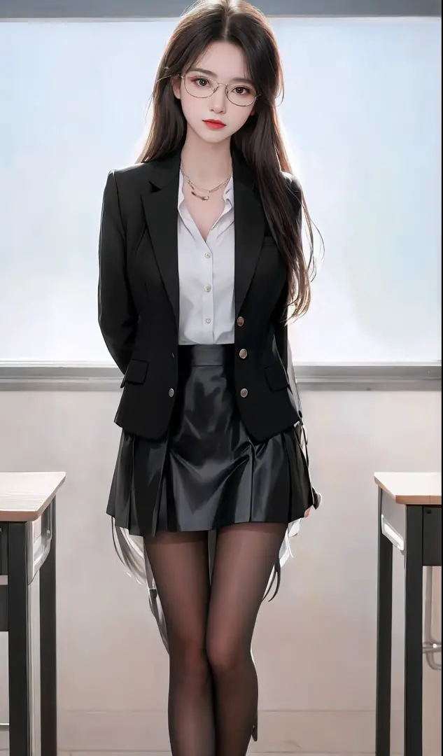 Close-up of a woman in a skirt and jacket posing for a photo, wearing jacket and skirt, JK school uniform, office clothes, Magic...