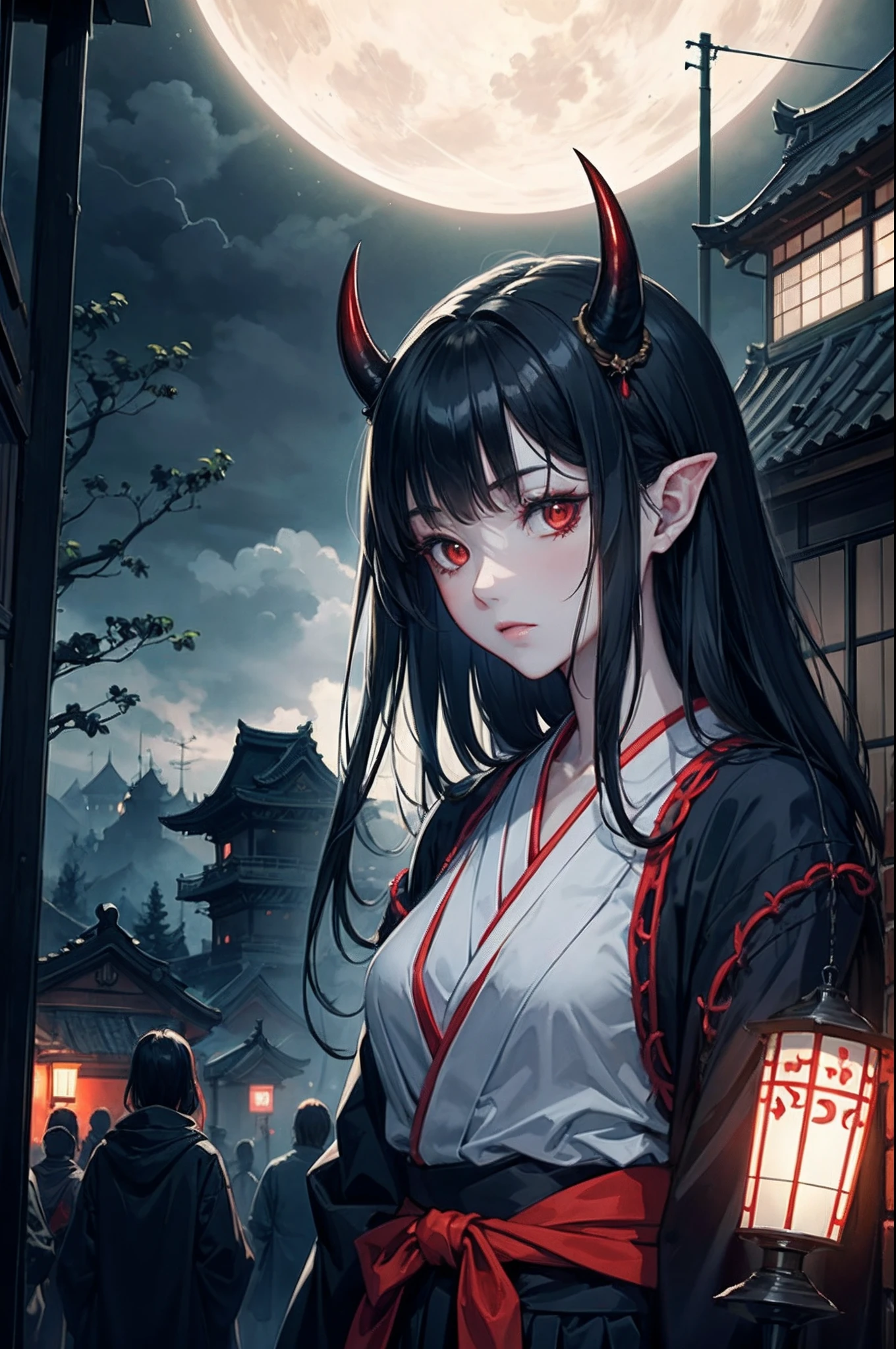 Night Parade of One Hundred Demons, Hyakki Night Line, demon, colored skin, red skin, oni, oni horns, "Night Parade of One Hundred Demons, an epic and haunting masterpiece, capturing the essence of Japanese folklore and supernatural beings, with impeccable attention to detail, vibrant colors, and dynamic lighting. A surreal and atmospheric scene depicting a winding night street, filled with a multitude of fantastical creatures such as yokai, ghosts, and spirits. The atmosphere is eerie yet beautiful, with a touch of mystery and wonder.+"