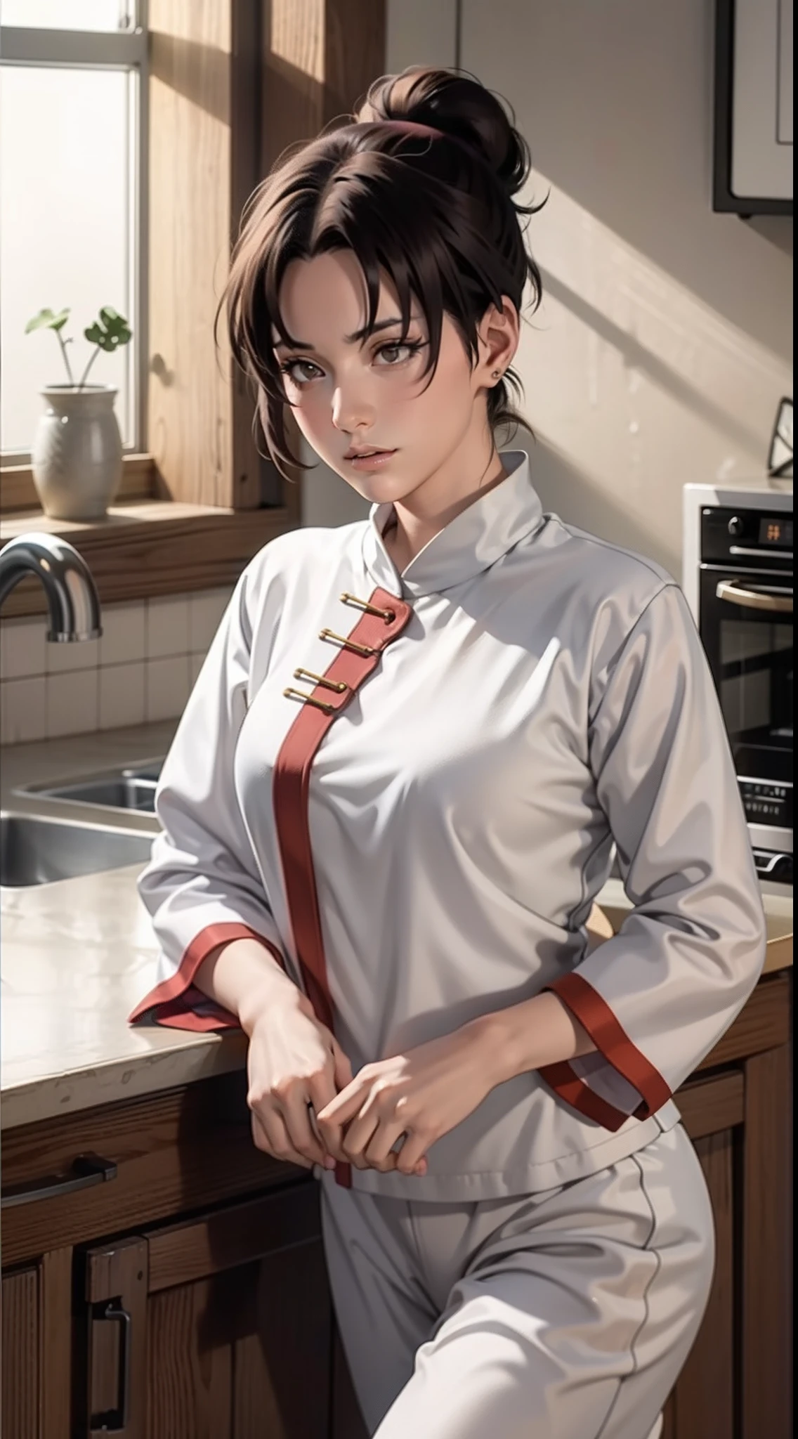 tenten from anime naruto, brown hair, wearing mascara, ponytail, perfect body, perfect breasts, beautiful woman, very beautiful, wearing white pajamas, nightgown, pajamas, wearing a watch wearing earrings, in the kitchen, dry kitchen, Realism, masterpiece, textured skin, super detailed, high detail, high quality, best quality, 1080P, HD, 16k