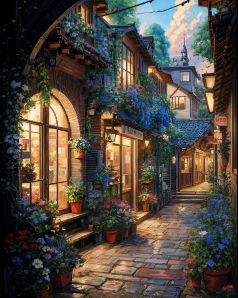 there is a painting of a street with flowers and plants, beautiful digital artwork, beautiful digital painting, beautiful art uh...