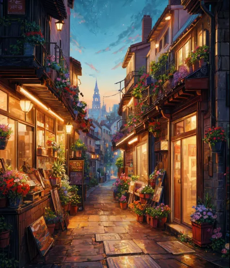 there is a painting of a street with flowers and plants, beautiful digital artwork, beautiful digital painting, beautiful art uh...