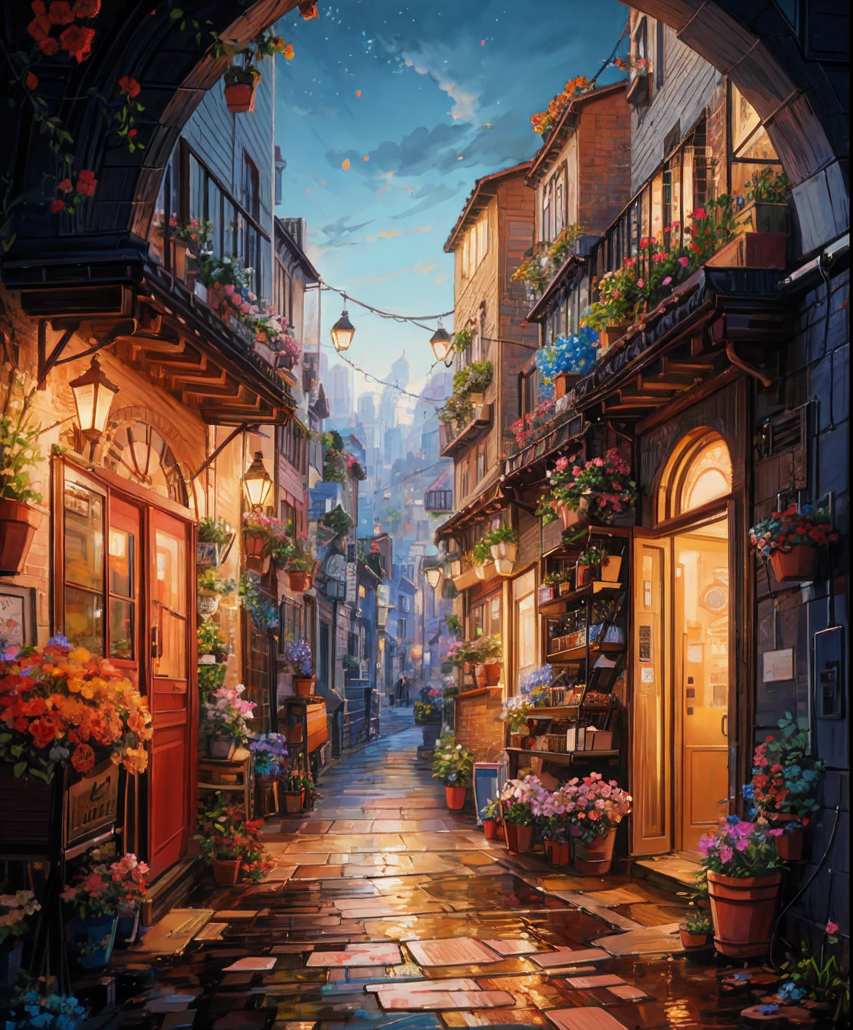 il y a une peinture d&#39;une rue avec des fleurs et des plantes, bel art numériquework, belle peinture numérique, bel art UHD 4 K, bel art numérique, Art numérique 4K très détaillé, peinture numérique très détaillée, beau paysage urbain, Art détaillé 8k de haute qualité, art numérique stylisé, very bel art numérique, peinture détaillée 4 k, style de peinture numérique, belle illustration numérique