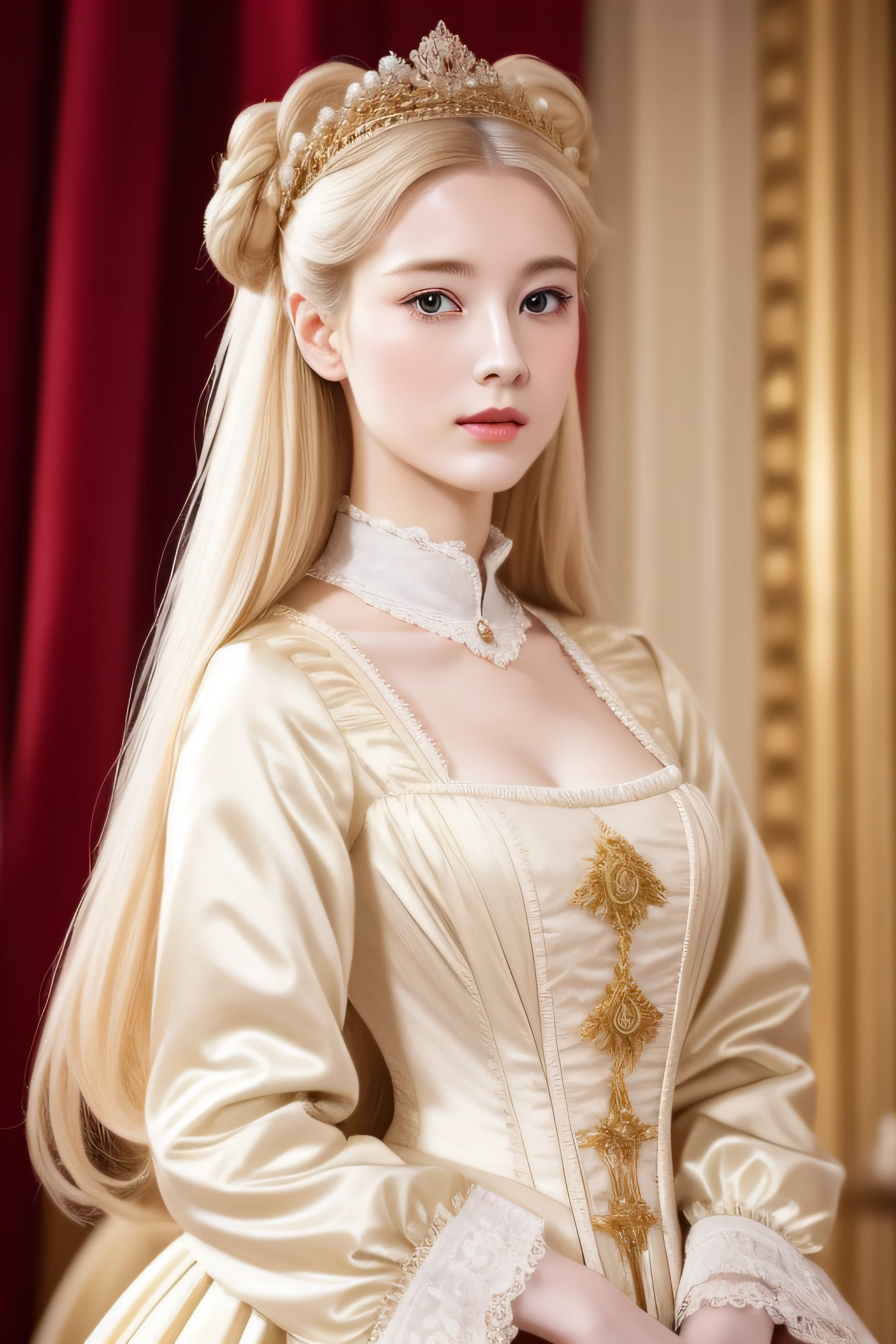 Mid-shot beauty, French, 24 years old, (Pale:1.3) skin, Empress, Blonde straight hair in bun hairstyle, Large eyelashes, Self-confident, Serious, haughty, no-makeup, Beautiful body, Intricate Victorian costumes, In the palace, victorian age