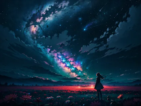 4k Landscape, beautiful stars at background, looks like a dream, sky looking extremely beautiful, ultra resolution, perfect lighting, Dark space, space photo, extremely beautiful, fantasy world, girl standing on flowers, looking at the sky, dark vibes, per...