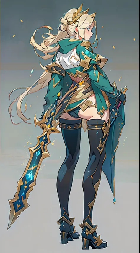 Design a layout showcase Gaming character, ((1girl)), sorcerer:1.4, Golden+Purle clothes, stylish and unique, ((showcase weapon:1.4)), magic staff, (masterpiece:1.2), (best quality), 4k, ultra-detailed, (Step by step design, layout art:1.5), (luminous ligh...