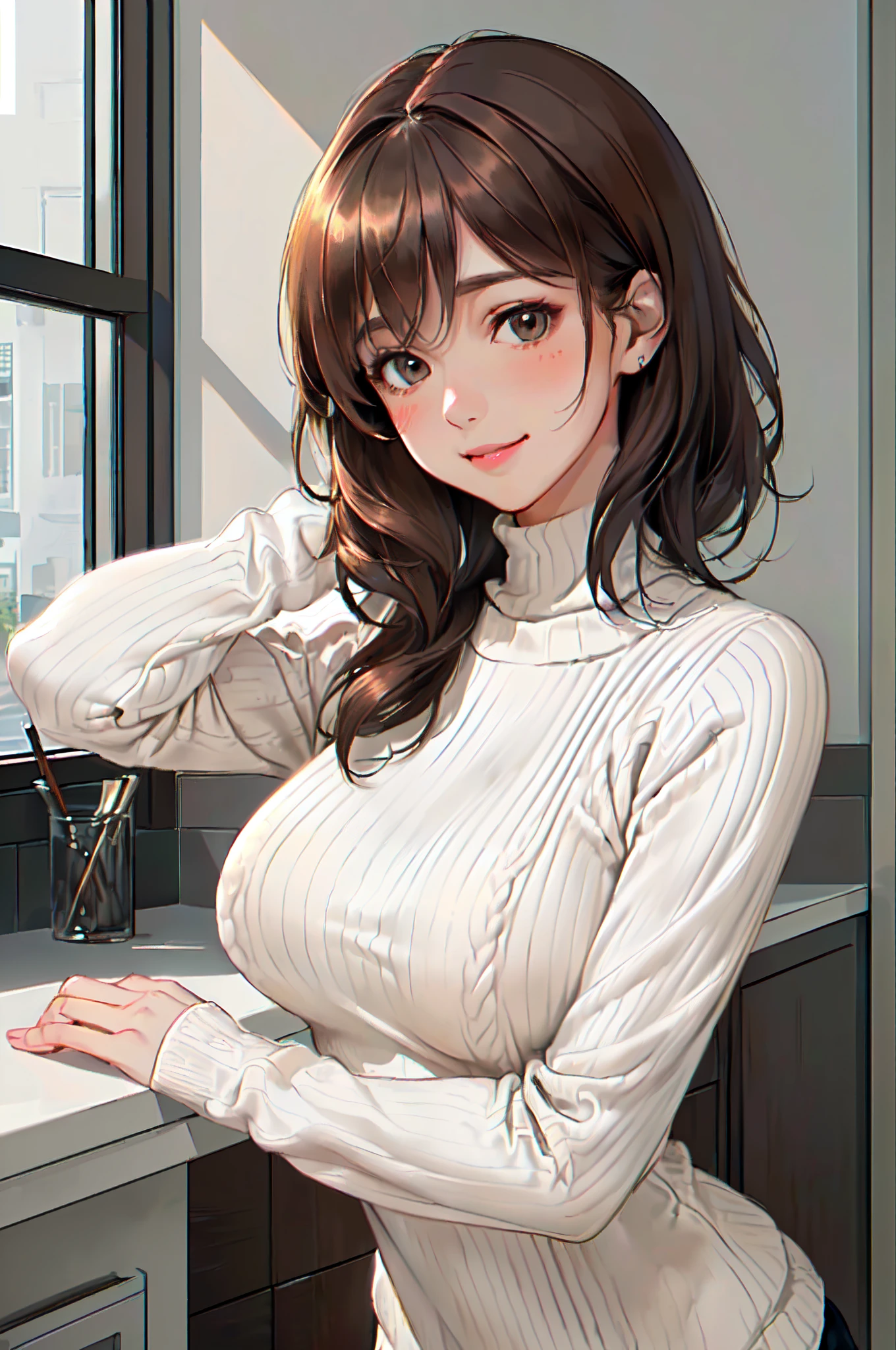 Modern home indoors, 1 Lady Solo /(Brown medium hair/), Ribbed sweater blush gentle smile, (masterpiece best quality:1.3) Ultra-detailed and delicate illustrations, Large breasts