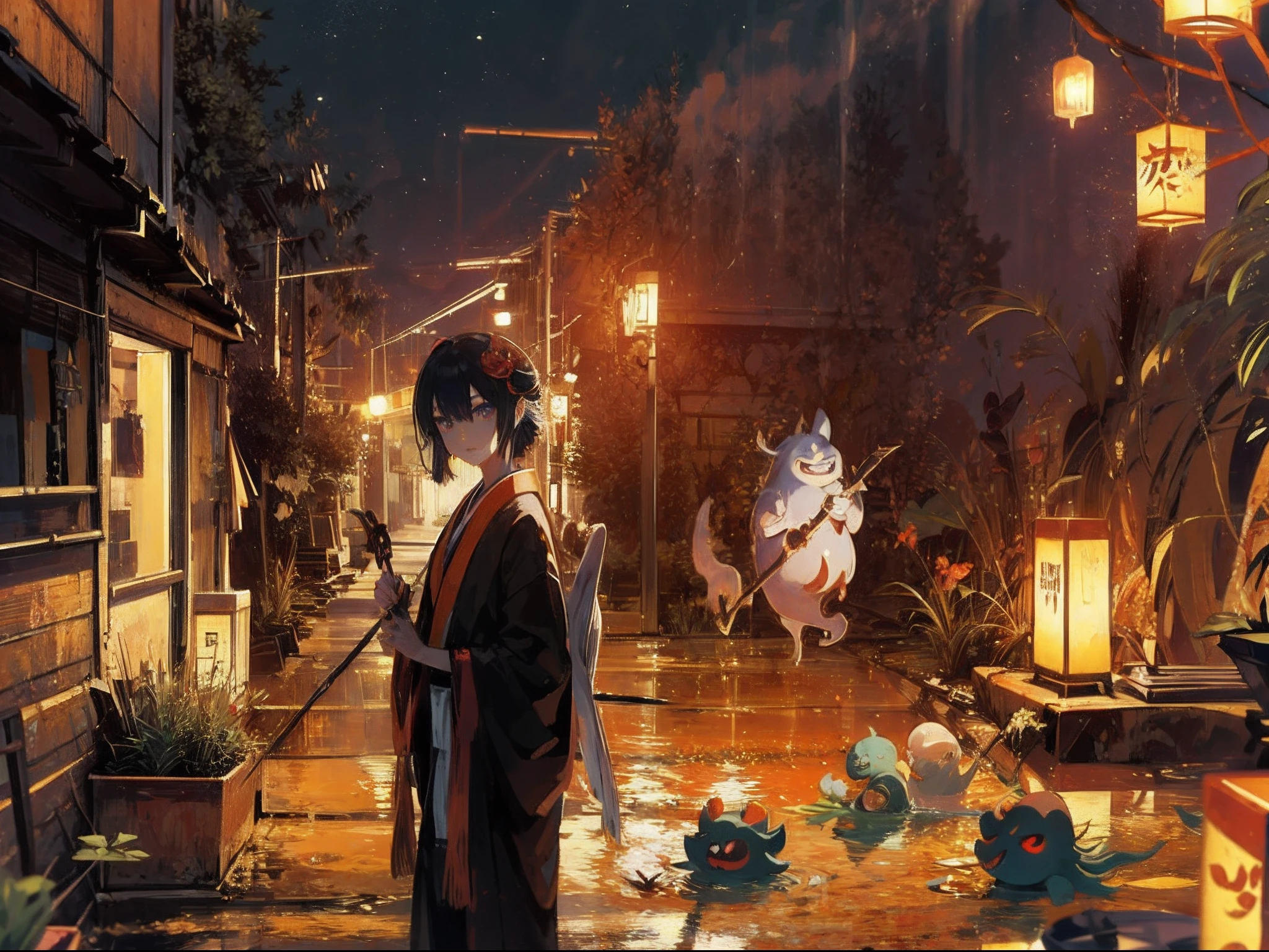 (Masterpiece:1.2, high quality), (pixiv:1.4), festival, lantern, demon, monster, ghost, oni mask, Hyakki Yagyō, Hyakki Night Line, Hyakki Yagyō, Night Parade of One Hundred Demons, oni, yokai, Japanese scene