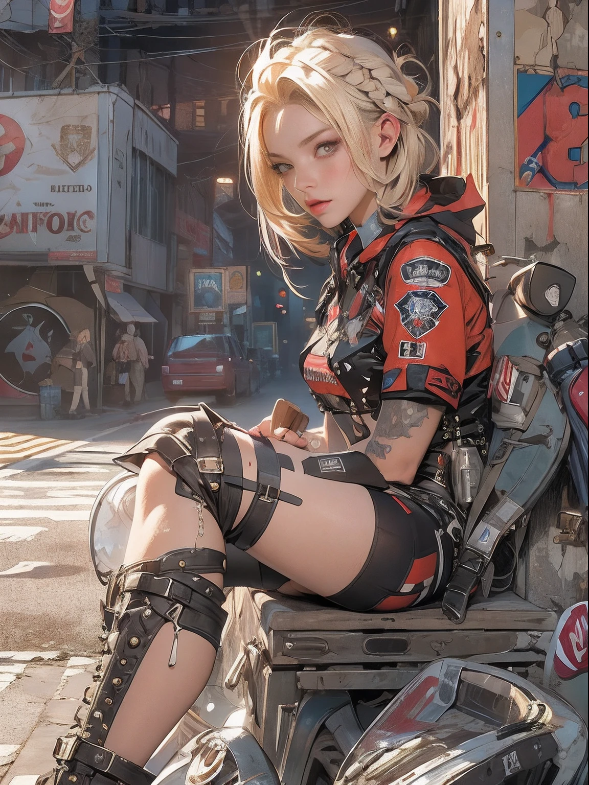 ((top-quality、8K、32K、tmasterpiece、NFFSW:1.3)), (super fine illustrations)、(超A high resolution), (((Adults))), (((1girl in))), ((( Bob's hairstyle ))), 25-year-old cyberpunk gladiator with a perfect body, Shoulder pads with metal spines, Gladiolus in Brooklyn, (( Bob's hairstyle )), boobgasm，glute，Small leather panties, Torn football team shirt, Simon Bisley（Simon Bisley）The urban savage style is almost naked, with short golden hair, Minimum clothing, Metal protection on the left arm，With complex graphics, dark red color，With white stars and blue and white stripes, s Armor, Full of tips and rivets, A little tattoo, Short white blonde hair, in the background、 There is a wall，It has Shepard Fairley on it（Shepard Fairey）Drawn complex designs