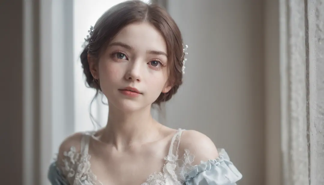 a white dress of a girl sitting on a chair looking out of window, in the style of light silver and light azure, fairytale-inspired, eerily realistic, luminous portraits, anime-inspired character designs, soft-focus portraits, solarization