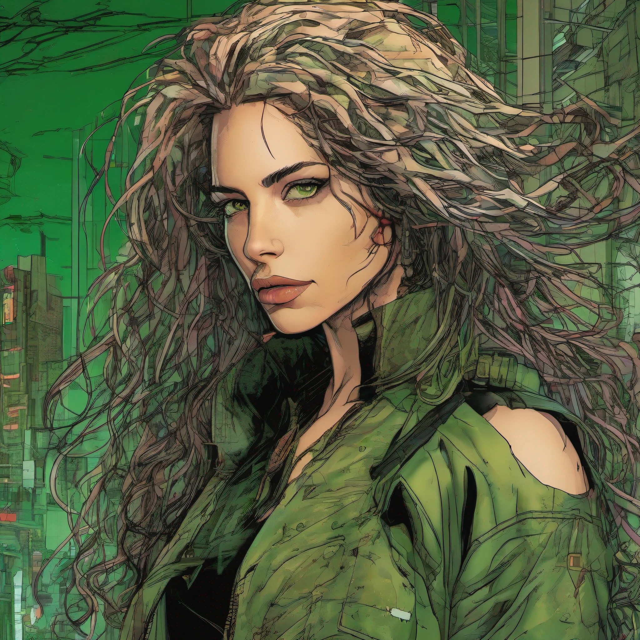 A woman with long hair and green eyes standing in front of a city - SeaArt  AI