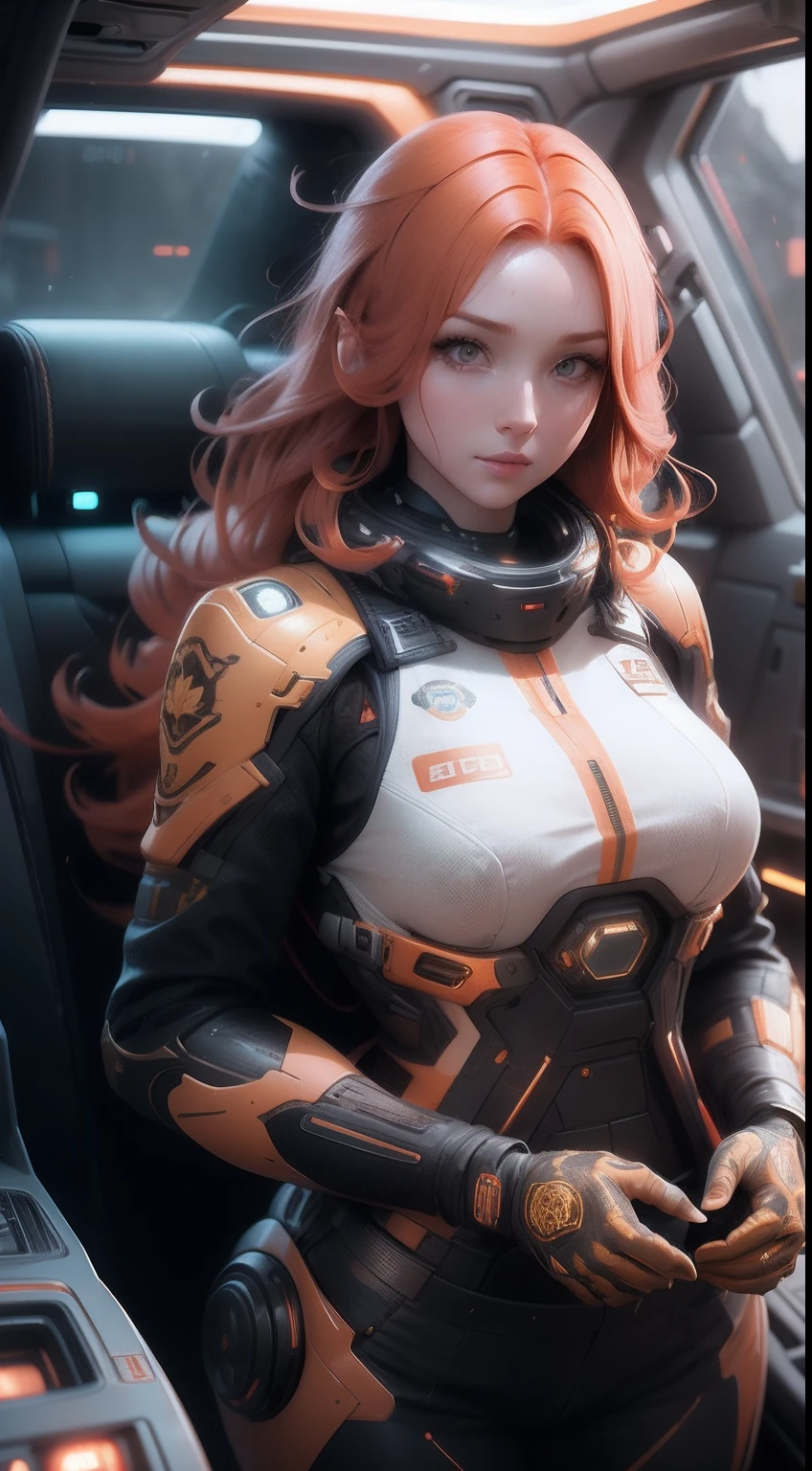 Natural redhead woman, mistic, Simulating horror, Inkjet printing, Polaroid, Octane rendering, Soft focus, Badge, Orange colors, hallyu, Golden hour lighting, Ultra-realistic intricate details, finely detailed, Automotive interior design, rendering by octane, 8K