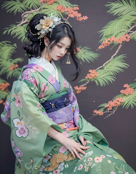 (Beautiful model in Japanese kimono commercial, beautiful straight long black hair), solo, ((face is 80% beauty and elegance, 20...