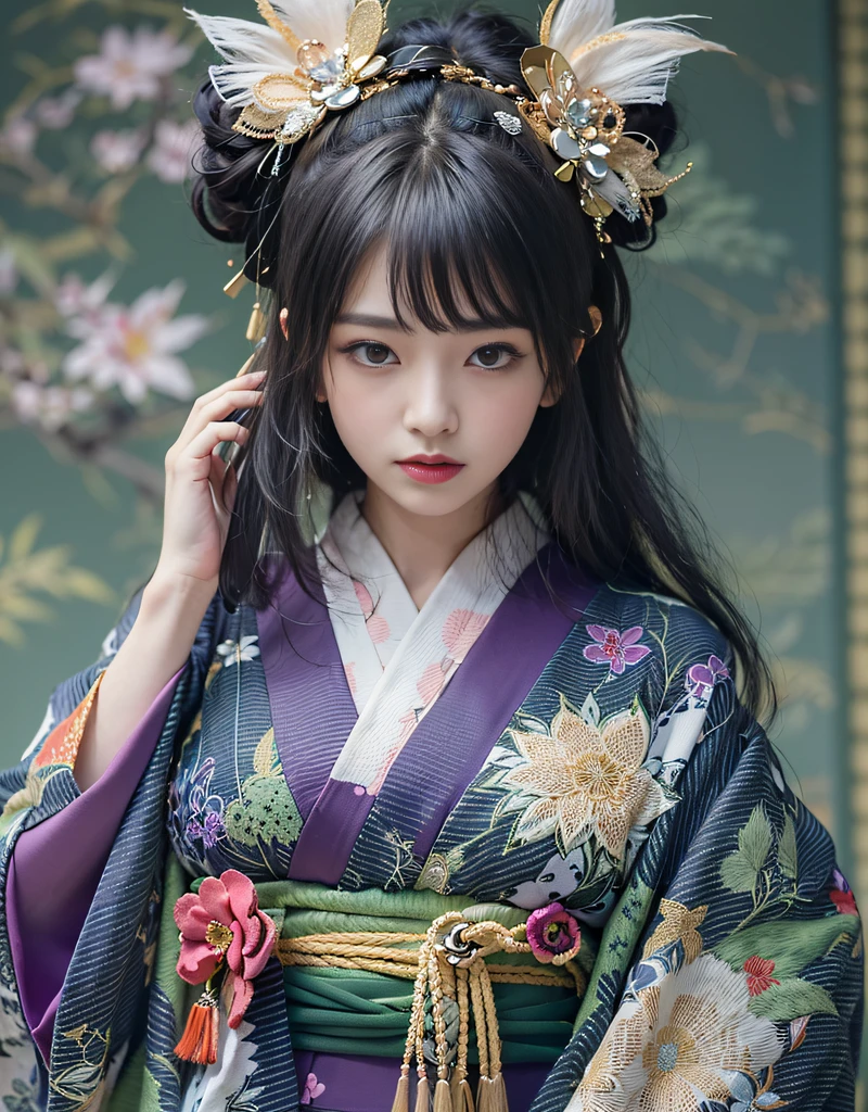 (日本和服廣告中的美麗模特, 美麗的黑色長直髮), 獨自的, ((臉是80% 美麗與優雅, 20% 俏皮:1.5)), 清澈的眼睛, (細緻的眼睛, 淡绿色的眼睛, 聪明的瞳孔), 雙眼皮, (性感的嘴唇有點厚:1.2), ((超詳細 and incredibly high resolution Deep-purple Kimono:1.2)), 高度細緻的臉部紋理, 引人注目的體型, 曲線優美且非常有魅力的女人, 高解析度 RAW 色彩照片 專業照片, 休息 ultra high-resolution textures, 高解析度人體渲染, 大眼睛, 無與倫比的傑作, 令人難以置信的高解析度, 超詳細, 令人驚嘆的陶瓷皮膚, 休息 ((背面展示和服的圖案:1.5)), ((穿著大量使用閃閃發光的深紫色的曜變天目和服:1.5)), ((曜變天目和服的主色調是深紫色，刺繡色彩非常鮮豔:1.2)), (半領和腰帶都是白色的) ,(精心製作的經典日本曜變天目和服), ((刺繡圖案是讓人想起外太空的曜變天目圖案):1.2), ((精心裝飾的深紫色和服)), (拍攝於日式房間的圓形隔窗前)) 休息 ((最好的品質, 8K)), 清晰的焦點:1.2, (层切, 大的:1.2), (完美身材的美丽女人:1.4), (美麗優雅的後視圖:1.3), 細腰, (正確的手形:1.5), (全身照 | 牛仔射擊)