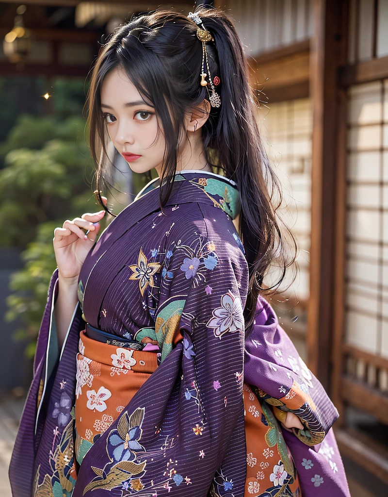 (日本和服廣告中的美麗模特, 美麗的黑色長直髮), 獨自的, ((臉是80% 美麗與優雅, 20% 俏皮:1.5)), 清澈的眼睛, (細緻的眼睛, 淡绿色的眼睛, 聪明的瞳孔), 雙眼皮, (性感的嘴唇有點厚:1.2), ((超詳細 and incredibly high resolution Deep-purple Kimono:1.2)), 高度細緻的臉部紋理, 引人注目的體型, 曲線優美且非常有魅力的女人, 高解析度 RAW 色彩照片 專業照片, 休息 ultra high-resolution textures, 高解析度人體渲染, 大眼睛, 無與倫比的傑作, 令人難以置信的高解析度, 超詳細, 令人驚嘆的陶瓷皮膚, 休息 ((背面展示和服的圖案:1.5)), ((穿著大量使用閃閃發光的深紫色的曜變天目和服:1.5)), ((曜變天目和服的主色調是深紫色，刺繡色彩非常鮮豔:1.2)), (半領和腰帶都是白色的) ,(精心製作的經典日本曜變天目和服), ((刺繡圖案是讓人想起外太空的曜變天目圖案):1.2), ((精心裝飾的深紫色和服)), (拍攝於日式房間的圓形隔窗前)) 休息 ((最好的品質, 8K)), 清晰的焦點:1.2, (层切, 大的:1.2), (完美身材的美丽女人:1.4), (美麗優雅的後視圖:1.3), 細腰, (正確的手形:1.5), (全身照 | 牛仔射擊)