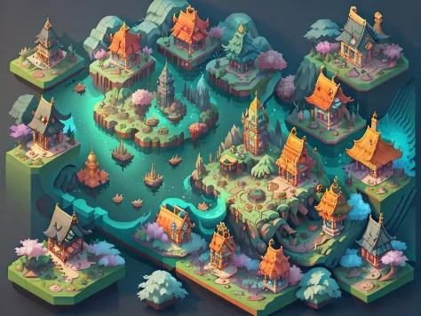 "top-down plan view，3d map of the fantasy world rendered by cinema4d，isolated on a gradient background，game architecture design，...