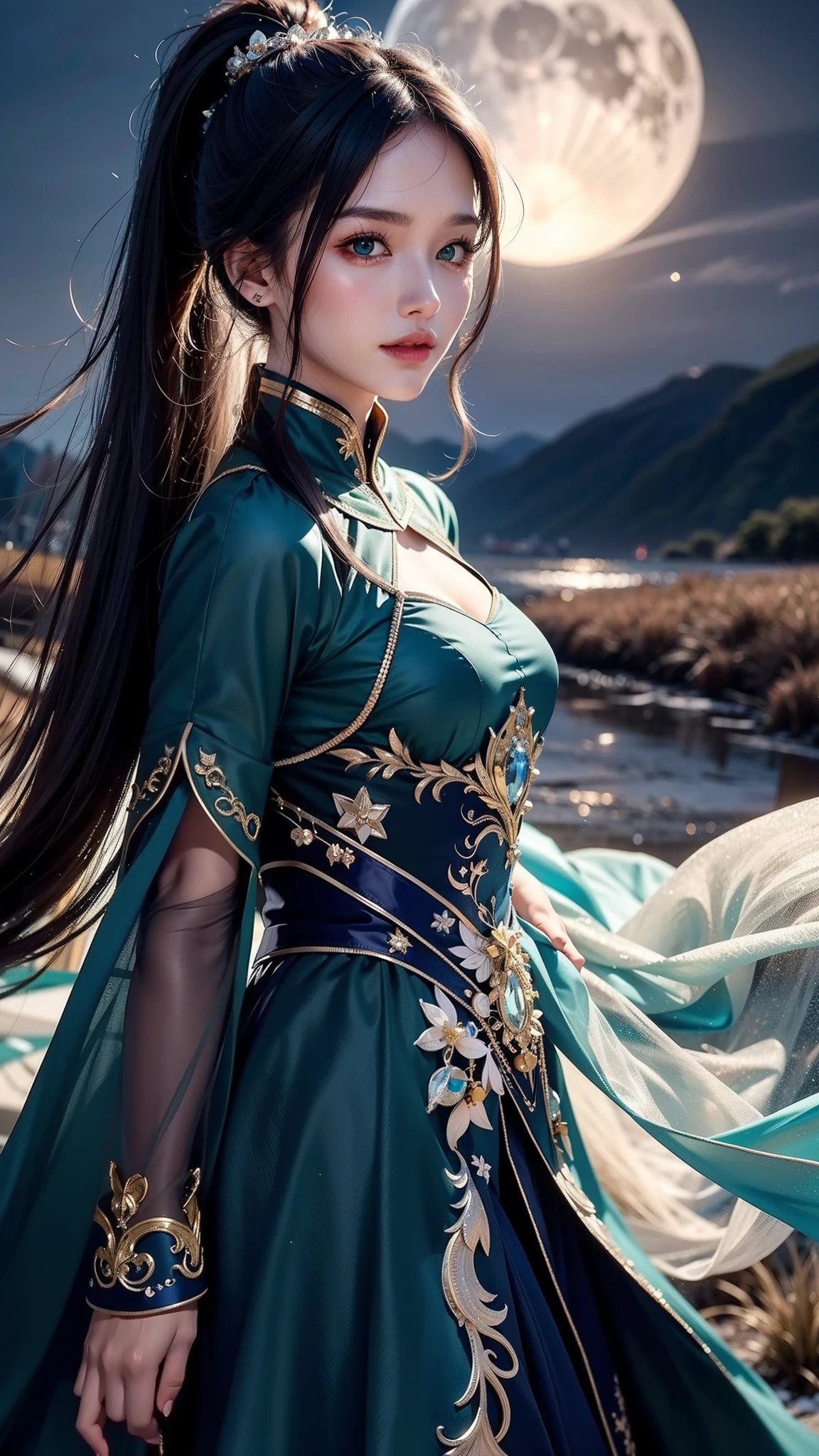 masterpiece, (best quality:1.2), (ultra-detailed:1.2), illustration, (an extremely delicate and beautiful:1.2),cinematic angle,floating, (beautiful detailed eyes:1.1), (detailed light:1.1),cinematic lighting, beautifully detailed sky, women, green queen dress, black hair, blue eyes, (high ponytail:1.1), cloak, glowing eyes, (moon:1.2), (moonlight:1.1), starry sky, (lighting particle:1.1), fog, snow painting, sketch, bloom, whole body capture,