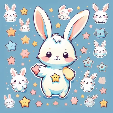 1 sticker, sticker, (cute, bunny), stars, white background, no background, simple background, minimal, cute, tiny, pastel color, vector style, no gradient,