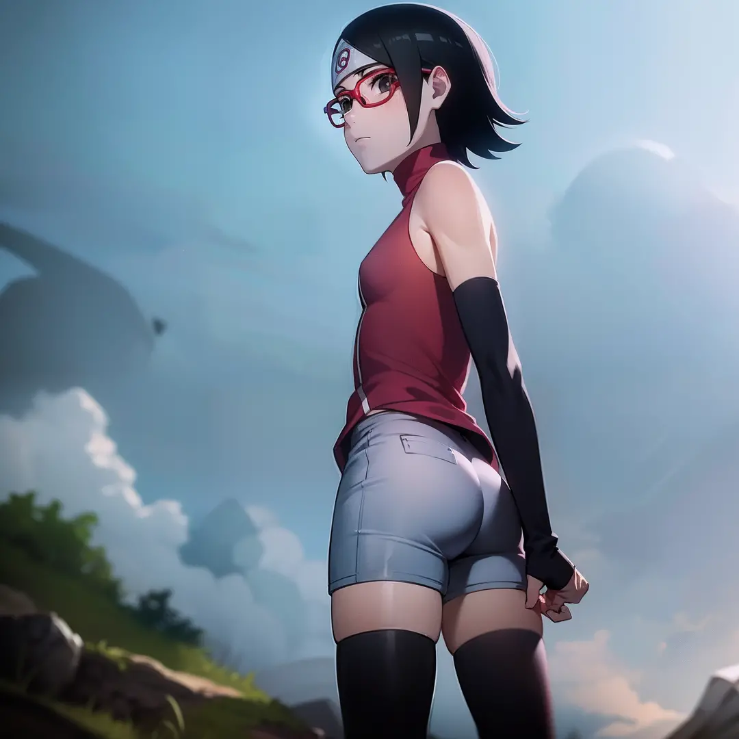 1girl,from below, standing, sarada uchiha, glasses,black thighighs,arm warmers, forehead potector, shorts, short hair, small bre...
