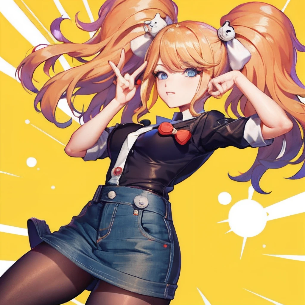 One Woman, 独奏, (twitch emote:1), Chibi, blond hair, blue eyes, , comic strip, departamento otaku backgrounid, a sticker, Thick black outline,Denim dresses、Black blouse、Orange hair、、blond haired、Denim Long Skirt hutao,  audifonos gamer con microfono, fente a ella un teclado con raton y un cojin para el raton