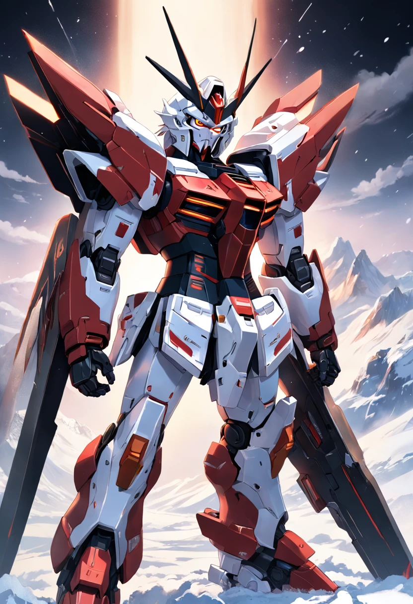 Amidst the pristine white blanket of snow, stands a Gundam that commands attention with its captivating blend of black and crimson. The deep black armor exudes an air of strength and sophistication, while vibrant red accents add a touch of fiery intensity, creating a visually stunning contrast against the snowy surroundings.

This Gundam, resplendent in its ebony and scarlet armor, stands tall and formidable, embodying a perfect fusion of cutting-edge design and timeless grace. The crimson highlights seem to come alive against the dark backdrop, evoking a sense of power and dynamism that is both captivating and enigmatic.

Its posture radiates a sense of readiness, with powerful limbs poised for action, yet there's an underlying tranquility that underscores its presence. The imprints of its feet in the snow tell a tale of its recent journey through the wintry terrain, marking its passage with a subtle yet impactful touch.

In this arresting tableau, the Gundam becomes a focal point that symbolizes strength and resilience against the backdrop of serene beauty, creating an image that lingers in the mind long after it's been seen.