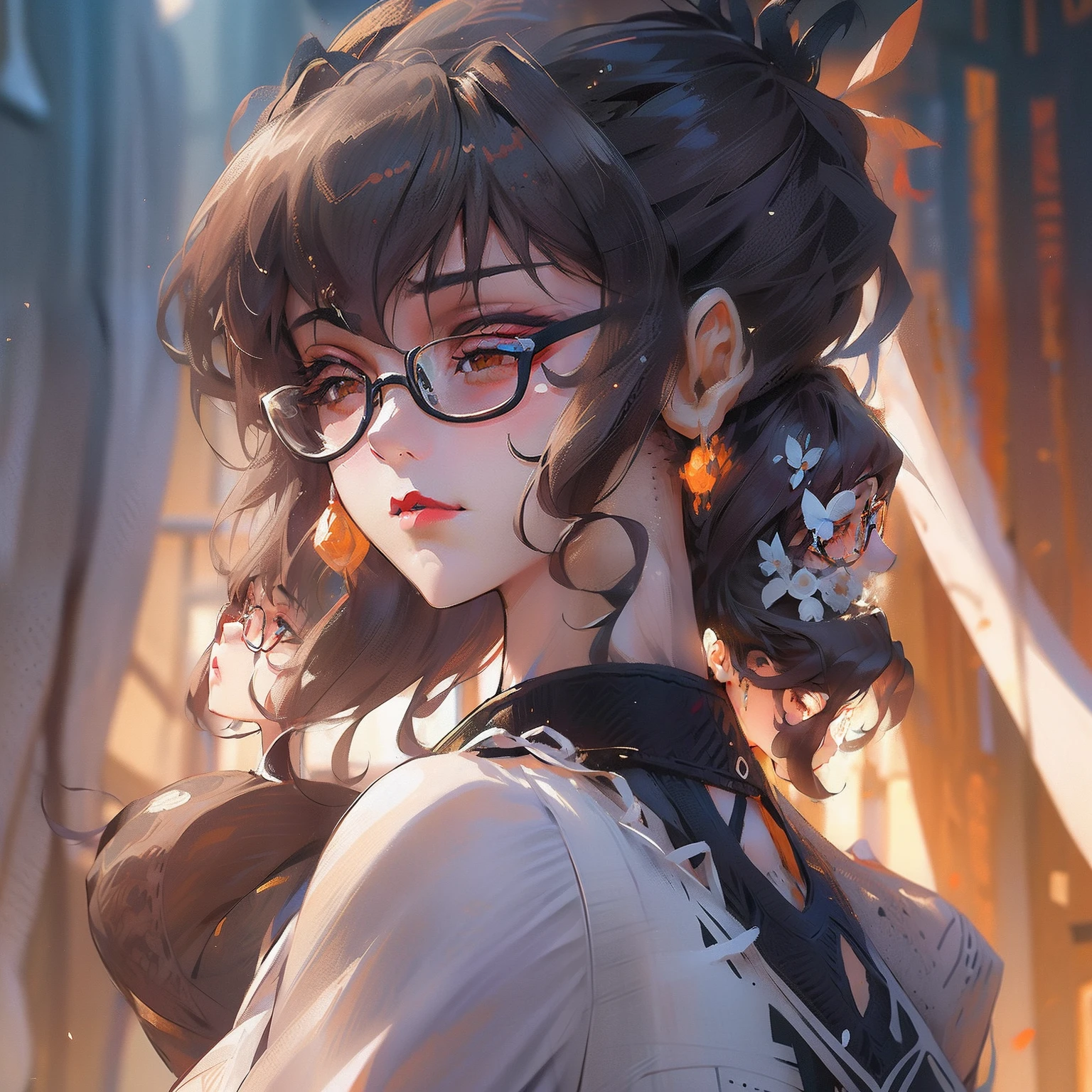 (1girl in:1.3)、独奏、__body parts__、offcial art、unity 8k wall paper、ultra - detailed、aestheticly pleasing、Beautiful fece、White hair、(Wearing glasses)、((Glasses woman))、Colossal tits、tmasterpiece、top-quality、Fantastic atmosphere、calm color palette、Engaging pose、calm mood、Soft Shading、Nurse、Charms spelling、Duties of nurses、Gorgeous jewelry