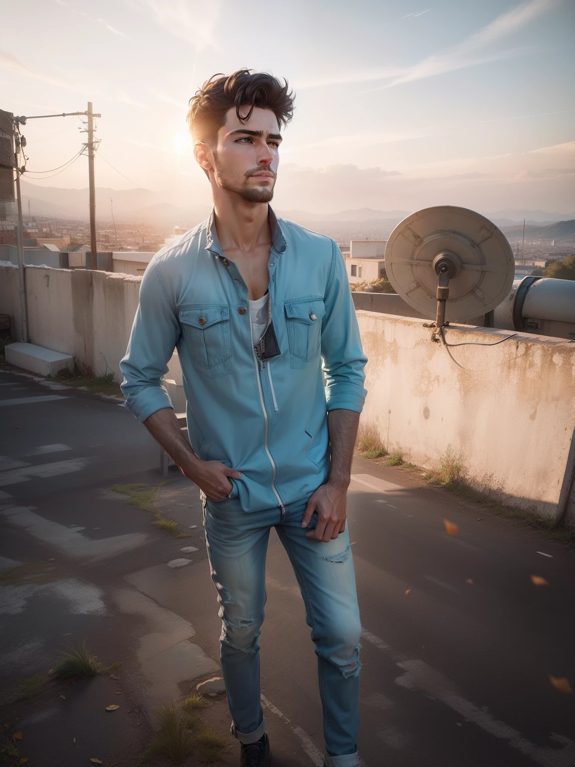 Arafed man in a blue shirt and jeans standing on a rooftop - SeaArt AI