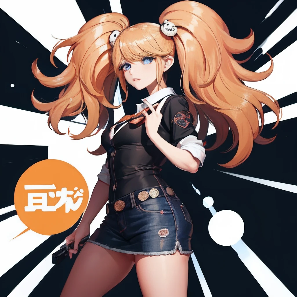 One Woman, solo, (twitch emote:1), chibi, blond hair, blue eyes, , comic strip, department otaku background, a sticker, Thick black outline,Denim dresses、Black blouse、Orange hair、、blond haired、Denim Long Skirt hutao,  gamer audiophones with microphone, In front of her is a keyboard with a mouse and a mouse pad.