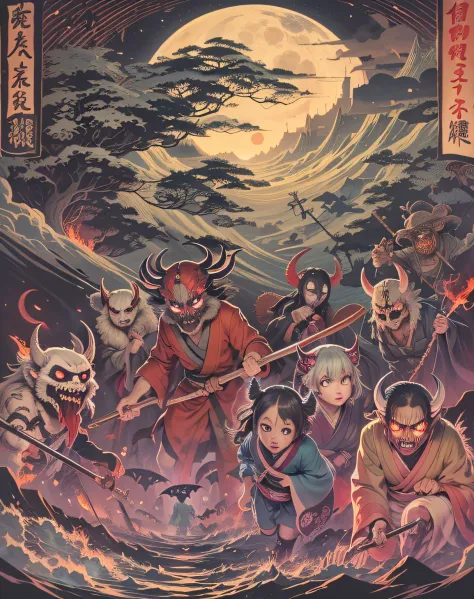 A detailed horror yokai landscape, (full of demons:1.2), yokai , monsters, demons, many demons, (ruins:0.5), crawling, dark envi...