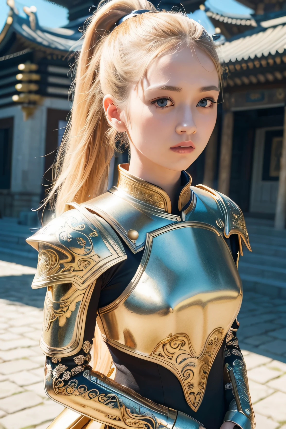 sosie de Jisoo, (8k, Meilleure qualité:1.2), (chef-d&#39;œuvre:1.37), (photo, photoRéaliste:1.37), (ultra haute résolution), halF body, pose de marche, shot From Front, Ralenti, Female paladin in armour, (armure légère d&#39;argent et d&#39;or:1.2),(armure richement décorée), (Incroyablement détaillé, floraison:1.5), (la plus haute qualité, art conceptuel, 4k), (analogique:1.2), (high POINTUness), (élèves détaillés:1.1), detailed Face and eyes, chef-d&#39;œuvre, Meilleure qualité, (photo très détaillée:1.1), (longs cheveux blonds, queue de cheval,en extase:1.1), (jeune femme:1.1), POINTU, (perFect body:1.1), Réaliste, Véritable ombre, 3D, (fond de temple:1.2), bras croisés sur la poitrine photographiés par Canan EOS R6, 135mm, 1/années 1250, F/2.8, ISO 400