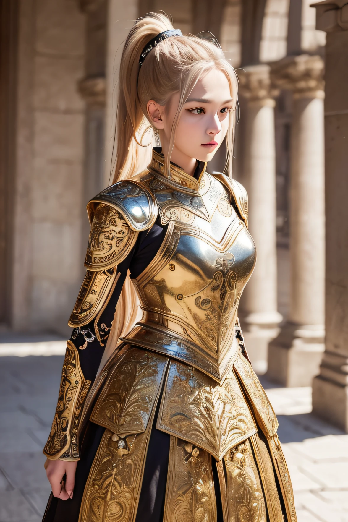 jisoo look-a-like, (8K, best quality:1.2), (masterpiece:1.37), (photo, photorealistic:1.37), (ultrahigh-res), half body, walking pose, shot from front, slow motion, female paladin in armour, (light silver and gold armour:1.2),(ornately decorated armor), (insanely detailed, bloom:1.5), (highest quality, concept art, 4k), (analog:1.2), (high sharpness), (detailed pupils:1.1), detailed face and eyes, Masterpiece, best quality, (highly detailed photo:1.1), (long blonde Hair, ponytail,ecstatic:1.1), (young woman:1.1), sharp, (perfect body:1.1), realistic, real shadow, 3d, (temple background:1.2), arms crossed over the chest 
photographed by Canan EOS R6, 135mm, 1/1250s, f/2.8, ISO 400